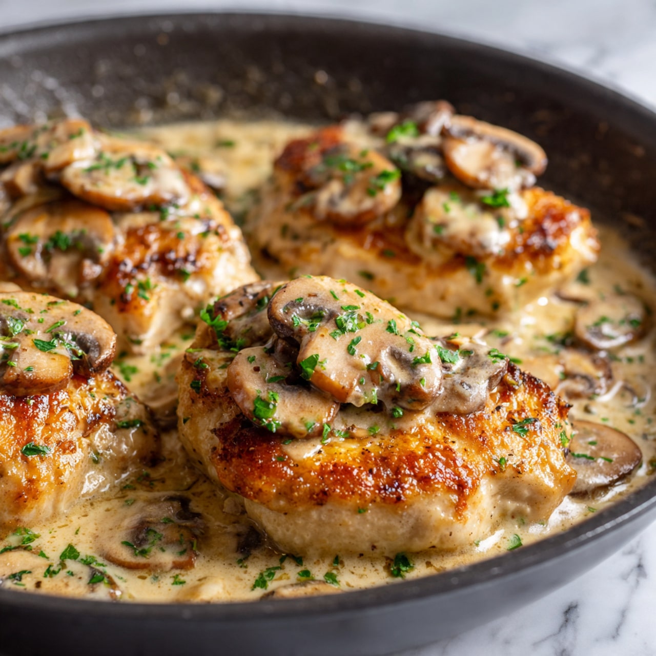 The image shows three round, cooked chicken pieces covered with golden brown mushroom sauce inside a black pan. The chicken pieces are topped with thin, soft mushroom slices in creamy sauce with a shiny texture. Bright green small herb pieces are sprinkled on top, adding color contrast. The pan is placed on a white marbled surface. The lighting highlights the juicy texture of the chicken and the smoothness of the sauce, making it look rich and fresh. photo taken with an iphone --ar 4:5 --v 7