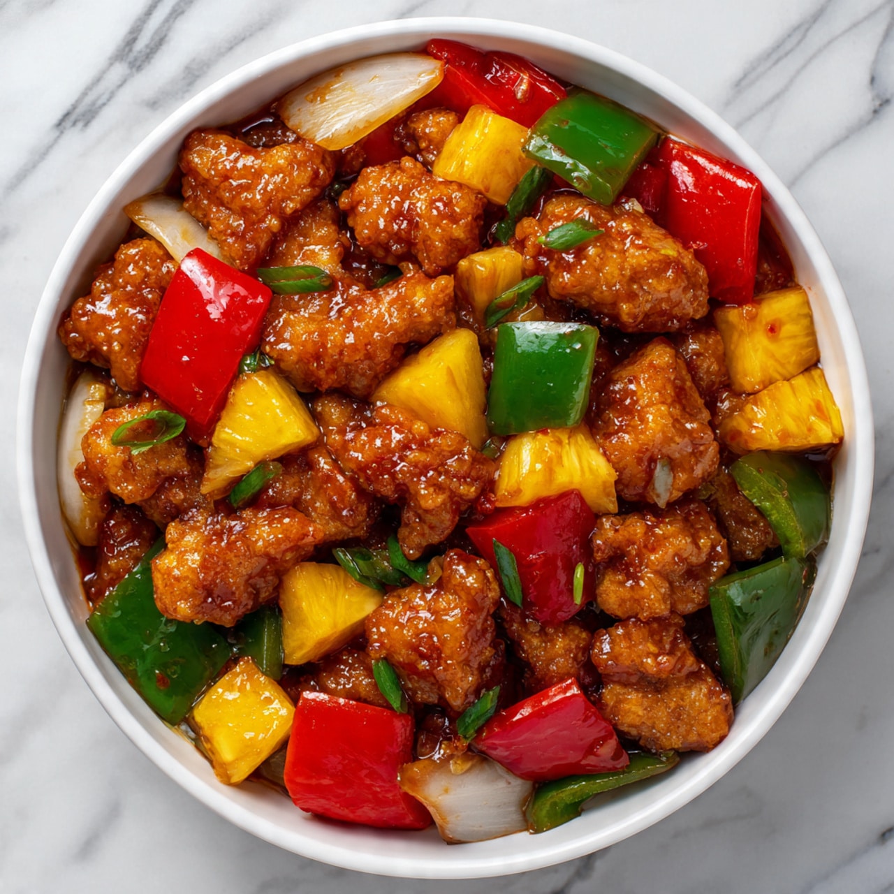 The image shows a close-up of sweet and sour chicken served in a white bowl. The dish has three main layers: the bottom layer is soft, bright green bell peppers; the middle layer is chunky red bell pepper pieces and translucent white onion chunks; the top layer is golden-brown fried chicken pieces coated in a shiny, sticky sauce, with yellow pineapple chunks scattered throughout. The bowl sits on a white marbled surface. Photo taken with an iphone --ar 4:5 --v 7