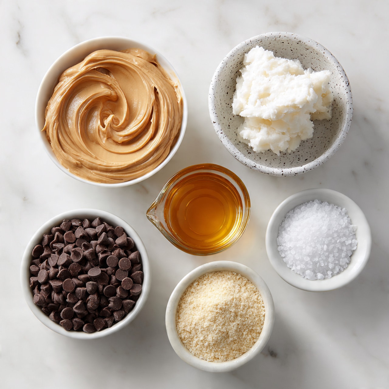 The image shows six containers with different ingredients arranged on a white marbled surface. On the top left is a white bowl filled with smooth, creamy light brown peanut butter with a swirl on top. To its right, there is a small white bowl with dark speckles holding a soft, white solid substance, likely coconut oil. Below the peanut butter is a small clear glass pitcher containing a light amber liquid. Center right, a white bowl holds a fine, pale yellow powder, probably almond flour. Bottom left, a white bowl with dark speckles is filled with many dark brown chocolate chips. Lastly, at the bottom right, a small white bowl with dark speckles contains coarse white salt grains. The items are spaced evenly, creating a neat layout. Photo taken with an iphone --ar 4:5 --v 7