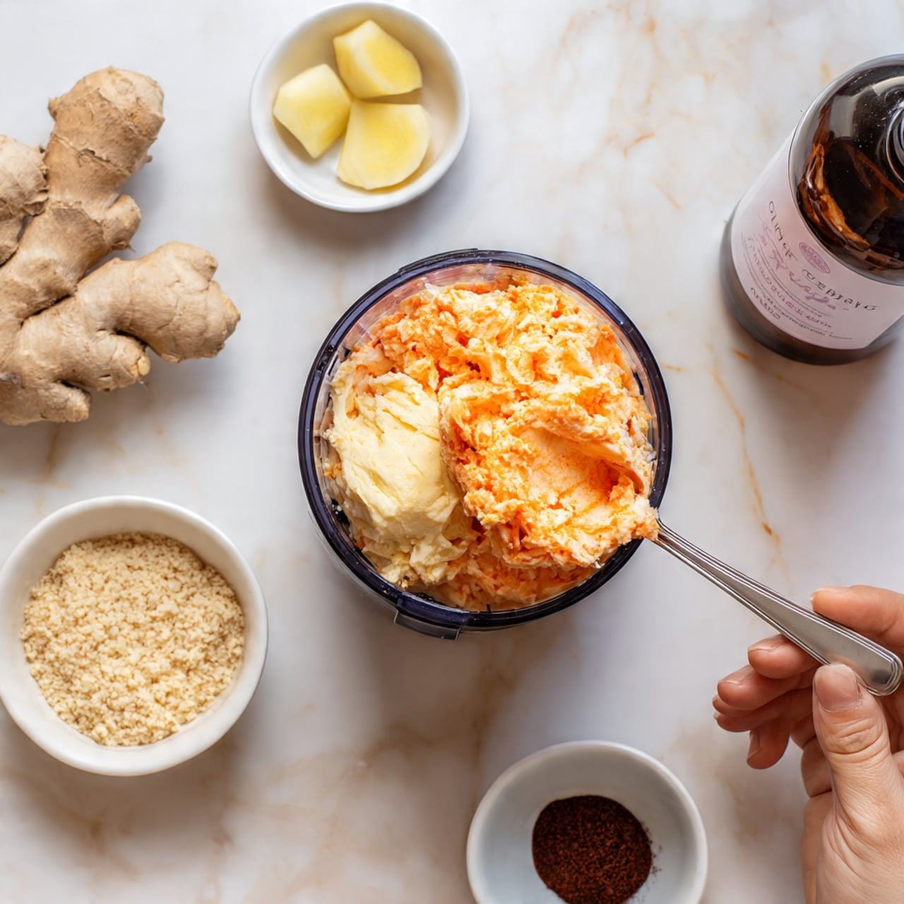 A top view of a small blender container on a white marbled surface filled with a bright orange chunky mixture layered with a pale yellow slice on top. To the upper left, there is a small white bowl holding two pale yellow slices beside a whole piece of light tan ginger root. Below, near the bottom left side, a white bowl contains a light brown grainy ingredient, and at the bottom right, a tiny white bowl holds a small amount of dark brown powder. A woman's left hand holds a bottle of light brownish-yellow apple cider vinegar near the blender container, while her right hand uses a silver spoon to add a spoonful of the bright orange mixture. photo taken with an iphone --ar 4:5 --v 7