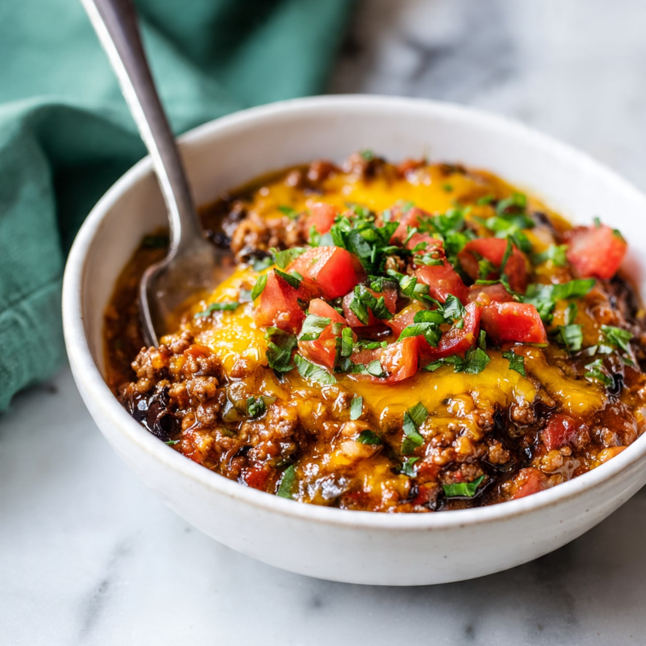 A close-up photo of a round white bowl filled with a cooked mix of ground meat and diced vegetables, topped with melted orange and yellow cheese. The dish has layers of finely chopped red tomatoes, green herbs, and small bits of cheese scattered on top. A spoon is placed inside the bowl. The bowl sits on a white marbled surface with a blurred green cloth in the background. Photo taken with an iphone --ar 4:5 --v 7