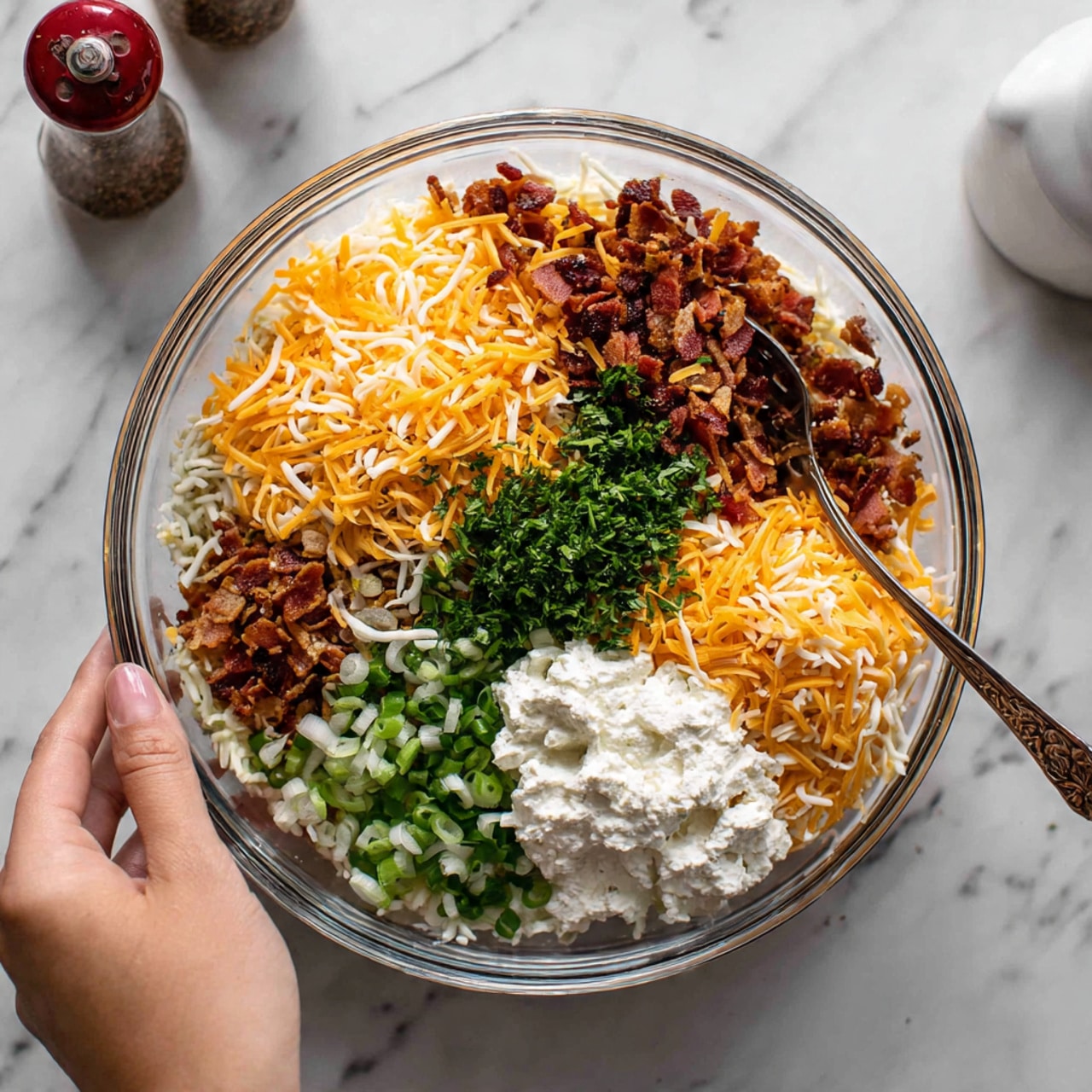 A clear glass bowl sits on a white marbled surface, filled with several visible layers of ingredients. At the bottom, there is a layer of finely chopped green onions, next to chopped crispy bacon bits. Above these, a large layer of shredded orange cheddar cheese covers one side. There are dollops of white, soft cream cheese and sour cream on one side of the bowl, with a rough texture. A sprinkling of fresh green herbs, likely parsley, sits near the center, adding a pop of green. The ingredients are not mixed, showing distinct piles and colors side by side. A woman's hand holds a utensil on the side, about to mix the contents. In the background, there is a white container and a red spice shaker. Photo taken with an iphone --ar 4:5 --v 7