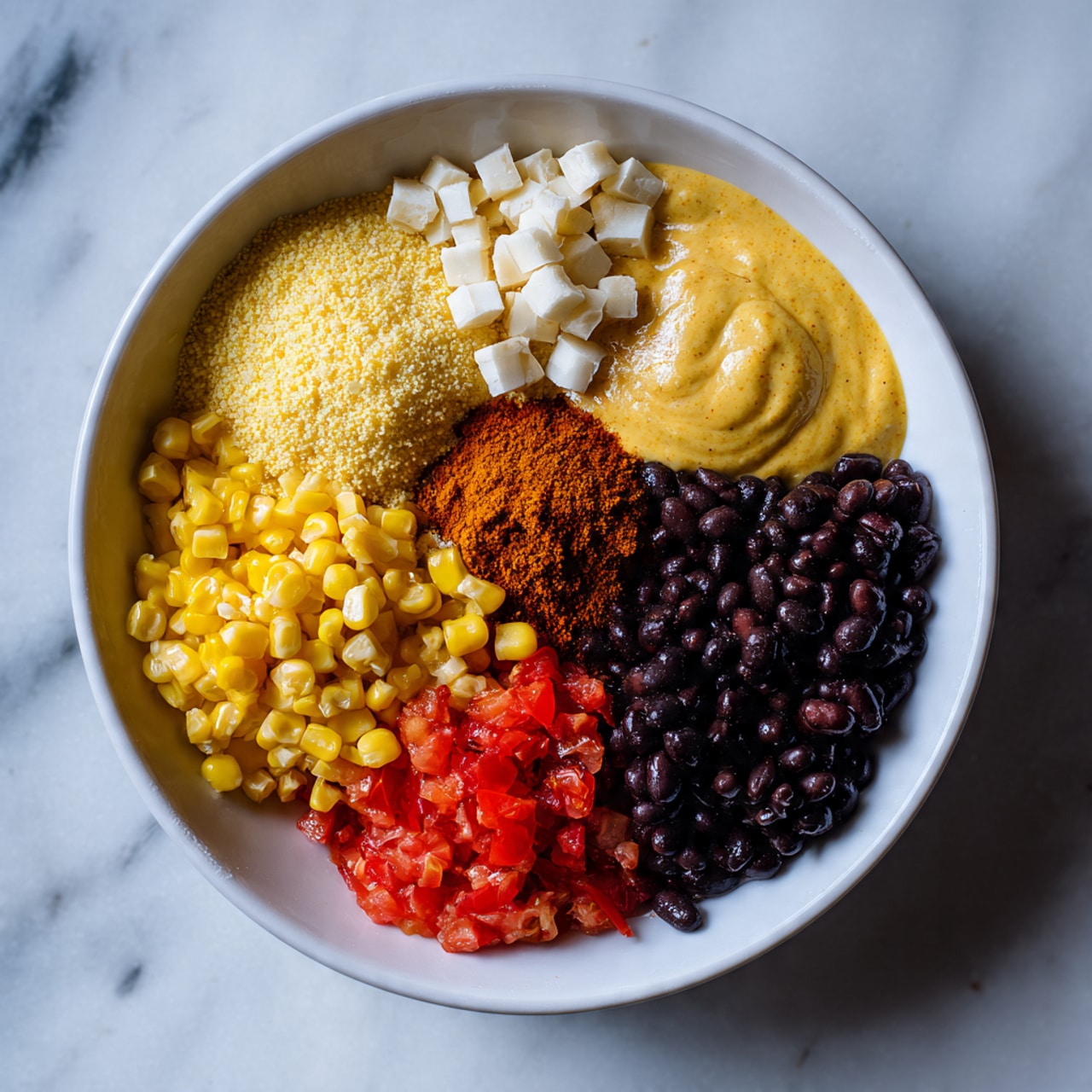 A white bowl holds six separate piles of ingredients, each in vivid colors and different textures. Starting from the top left, there are creamy yellow cornmeal and white small cheese cubes. Below the cornmeal, bright yellow corn kernels are next to red chopped tomatoes at the bottom. To the right of the tomatoes, a large pile of black beans sits. Above the beans, there is a small mound of paprika seasoning and a smooth yellow sauce. The bowl rests on a white marbled surface. Photo taken with an iphone --ar 4:5 --v 7