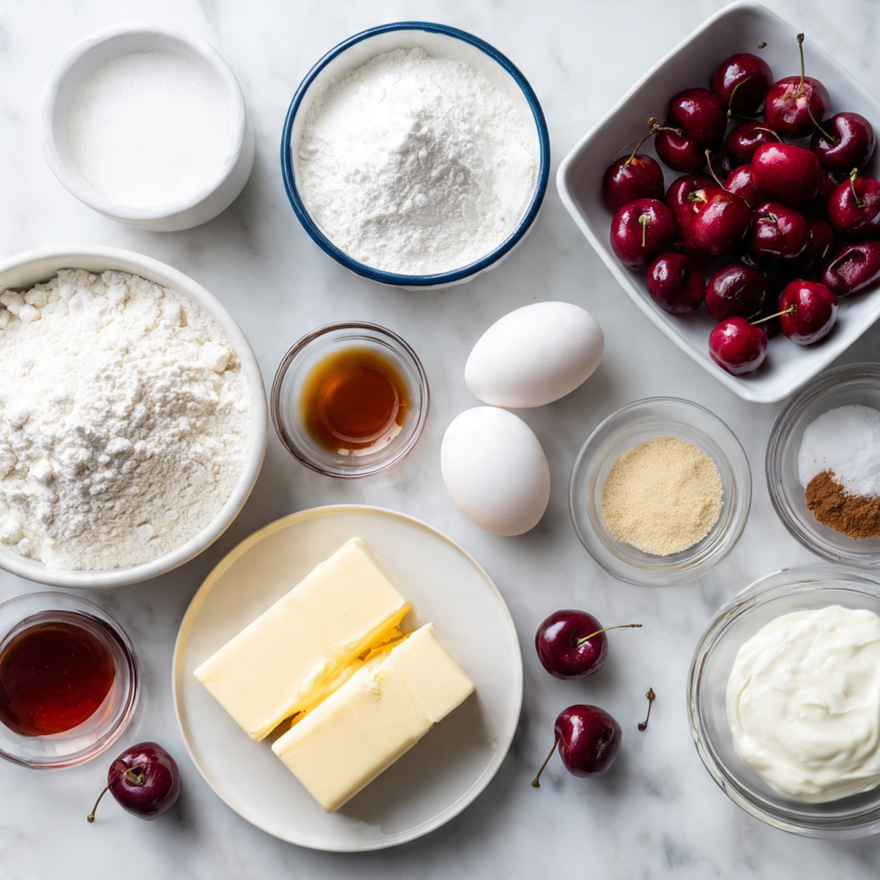 A top view of various baking ingredients neatly arranged on a white marbled surface, including three white eggs near the center, a small white bowl filled with bright red cherries to the upper right, and a square white dish with a thin blue rim holding a large pile of white flour to the left. Below the flour, there's a white plate with two sticks of pale yellow butter and smaller chunks. Surrounding these are small clear glass bowls containing light brown sugar, cinnamon powder, vanilla extract, white salt, baking powder, and lemon juice. Additionally, a white bowl filled with white granulated sugar is at the top left and another white bowl with thick white yogurt is placed near the cherries. A couple of loose cherries rest near the butter plate. Photo taken with an iphone --ar 4:5 --v 7