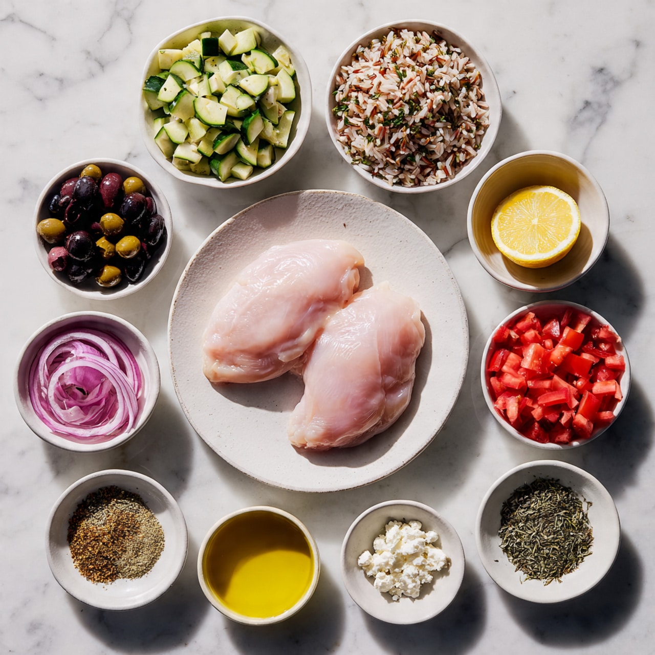 The image shows a white marbled surface with several small white bowls and a white plate arranged neatly. At the center, a white plate holds two raw, pale pink chicken pieces. Surrounding the plate are small white bowls containing a variety of ingredients: a bowl of cooked wild rice with mixed grains, chopped green zucchini, halved black olives, sliced red onions, bright red chopped tomatoes, a lemon half with yellow skin, crumbled white cheese, two small piles of dry herbs or spices in shades of brown and green, and a small bowl of olive oil with a golden shine. The lighting is bright and natural, emphasizing the fresh and colorful ingredients. Photo taken with an iphone --ar 4:5 --v 7