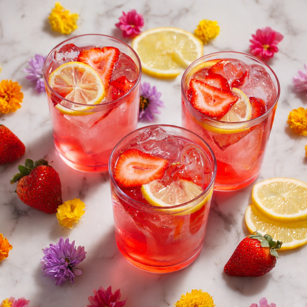 The image shows three clear glasses filled with a pink drink, each topped with slices of fresh strawberries floating on the surface. Inside each glass, there are visible ice cubes and a thin lemon slice resting on the pink liquid. The glasses are arranged on a white marbled surface decorated with scattered slices of strawberries and lemons, as well as a few edible flowers around them, adding a colorful and fresh touch. The overall look is light, refreshing, and vibrant with reds, yellows, and green elements from the fruit and flowers. Photo taken with an iphone --ar 4:5 --v 7
