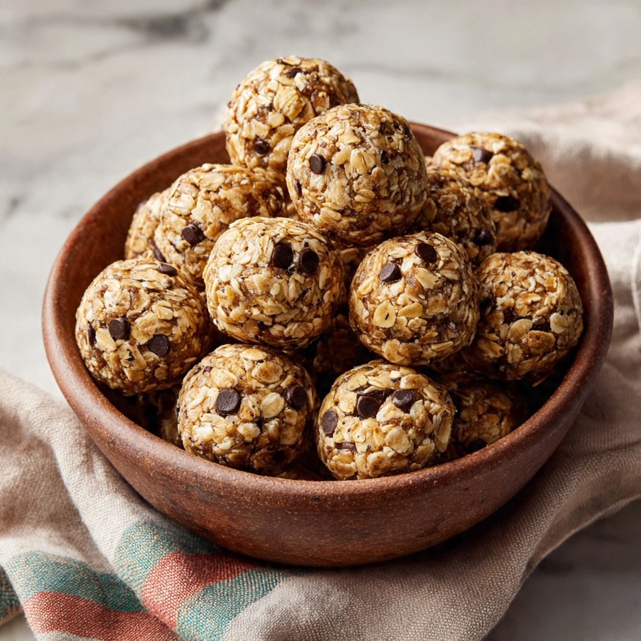A close-up of a rustic brown bowl filled with round, bite-sized energy balls. Each ball is textured with visible oats, small dark chocolate chips, and tiny flax seeds, showing a mix of light beige, dark brown, and golden colors. The balls are piled up tight, filling the bowl to the top, creating a cozy and hearty look. The bowl sits on a soft, striped cloth with muted colors in the background, and the whole scene rests on a white marbled surface. photo taken with an iphone --ar 4:5 --v 7