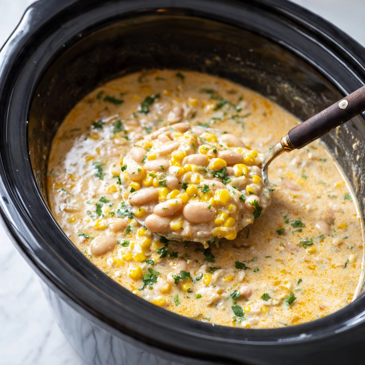 A close-up view of a creamy mixture inside a black slow cooker filled with three main layers: a thick sauce base colored light orange with visible small pieces of green herbs, toasted corn kernels showing yellow and light brown shades scattered evenly, and white beans spread throughout. A spoon with a dark handle stirs the contents from the right side, partially covered by the sauce. The slow cooker rests on a white marbled surface. photo taken with an iphone --ar 4:5 --v 7