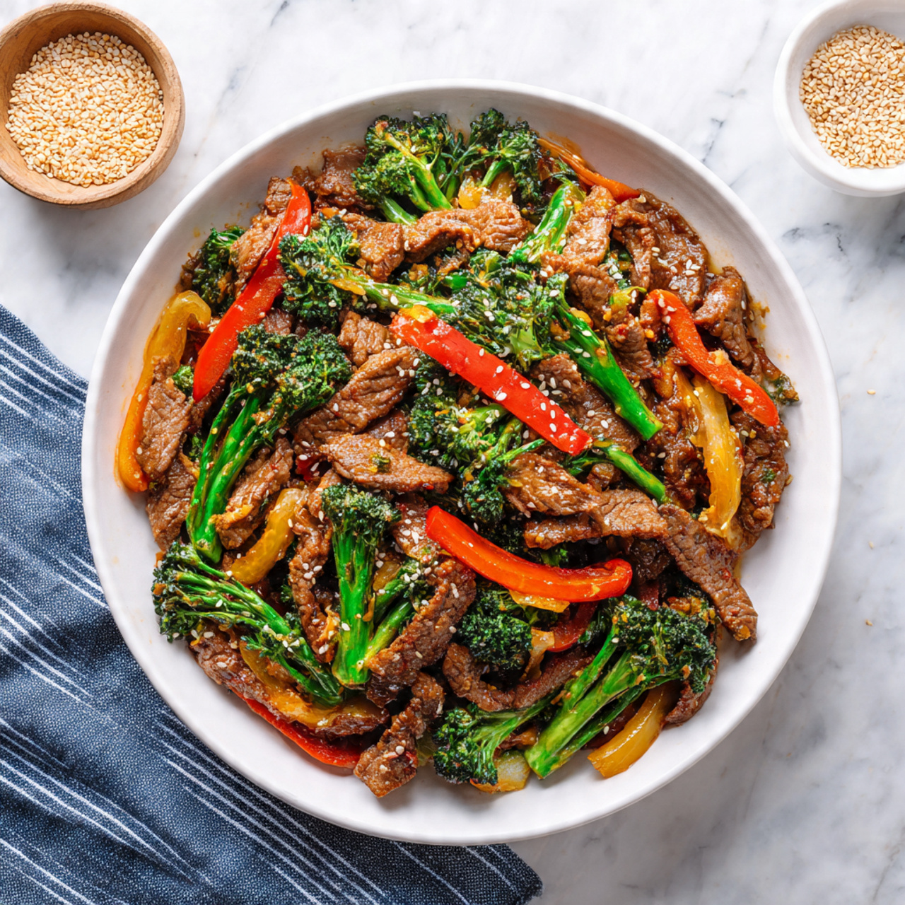 A white shallow bowl filled with a colorful stir-fry made of several layers: thin slices of cooked beef form the base layer with a slightly browned texture, mixed with bright green broccoli florets scattered evenly around the dish. On top, there are strips of red bell pepper, adding vibrant color and softness to the meal. The bowl sits on a white marbled surface with a small bowl of light brown sesame seeds beside it and a folded blue striped cloth underneath one side. Photo taken with an iphone --ar 4:5 --v 7