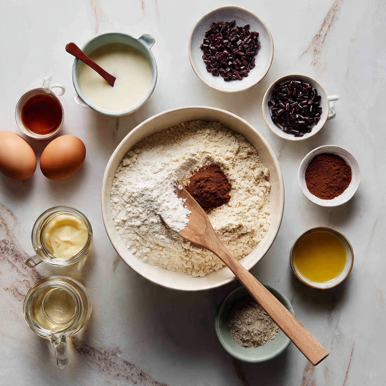 A top-down view of baking ingredients arranged on a white marbled surface, featuring a large white bowl with flour, sugar, and spices mixed together with a wooden spoon inside it at the center right. Around it are separate small white bowls filled with dark chocolate chips and yogurt with a small wooden spoon, a glass measuring cup with a creamy liquid, a glass jar of syrup or honey, and a small glass cup with a clear liquid. Two brown eggs and a small bowl of yellow oil complete the arrangement. Photo taken with an iphone --ar 4:5 --v 7