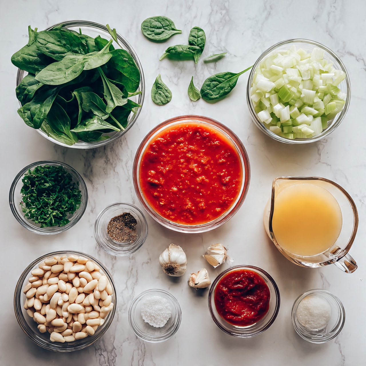 The image shows a white marbled surface with a neatly arranged spread of ingredients in clear glass bowls and containers. At the top, there is a small pile of fresh green spinach leaves with some scattered around. Below the spinach, there is a large bowl filled with bright red tomato sauce. To the right of the tomato sauce, a bowl holds chopped pale green celery pieces. In the center, a large bowl is filled with finely diced white onions. To the left of the onions, there is a small bowl of chopped fresh green parsley. Below that, a medium bowl contains white beans. To the right of the beans, smaller bowls hold chopped garlic, a deep red tomato paste, salt, and black pepper. At the bottom right, a clear glass measuring jug filled with light yellow broth completes the set of ingredients. The scene is bright and clean, with all elements organized for easy viewing, photo taken with an iphone --ar 4:5 --v 7