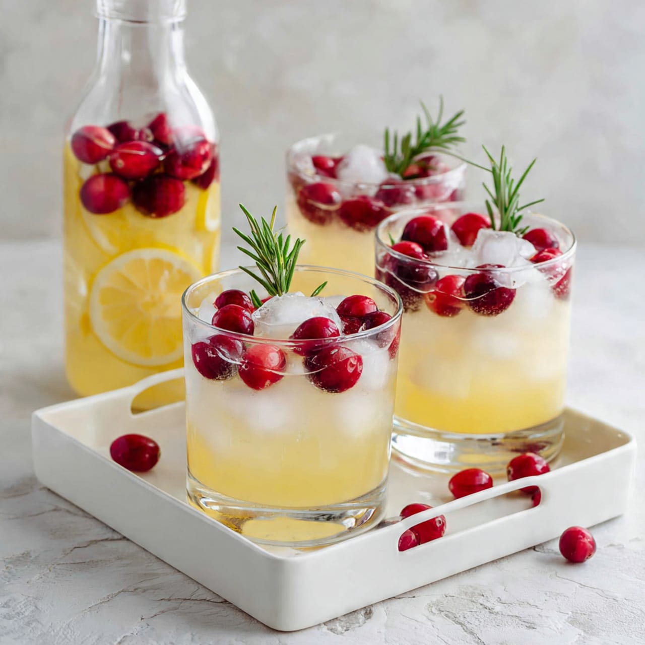 Three clear glass cups each filled with a light yellow drink layered from a deeper yellow at the bottom to a paler yellow at the top, containing large clear ice cubes, bright red cranberries floating on top along with small green rosemary sprigs, placed on a shiny white tray with handles, and part of a clear glass bottle filled with a similar yellow drink and lemon slices visible on the left, all set against a white marbled surface photo taken with an iphone --ar 4:5 --v 7