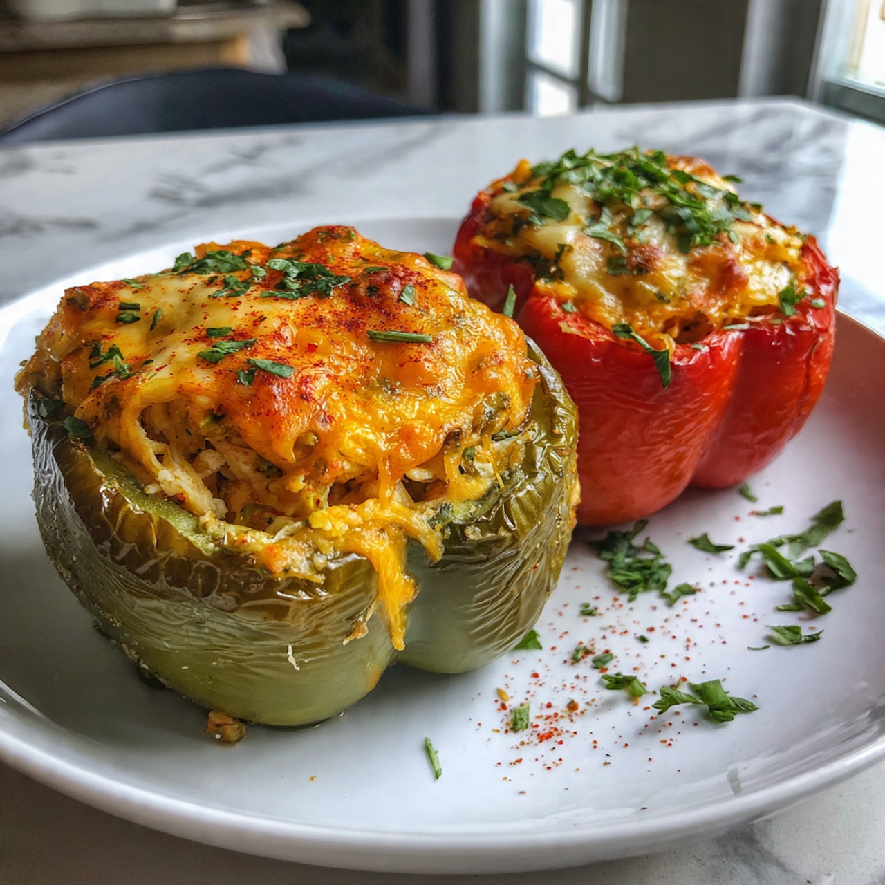 The image shows two stuffed bell peppers placed on a white plate with a white marbled surface underneath. The green bell pepper on the left is filled with a mix of ingredients topped with melted orange and white cheese, sprinkled with red seasoning and green herbs. The red bell pepper on the right is also filled with a similar mixture, with the melted cheese having a slightly browned top and fresh chopped green herbs on it. Both peppers have a shiny, cooked texture with some herbs and seasoning scattered around the plate. photo taken with an iphone --ar 4:5 --v 7
