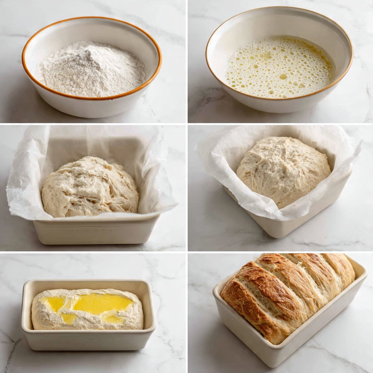 The image shows six steps of making bread displayed in a grid on a white marbled surface. In the first photo, a white bowl with an orange rim holds white flour. The second photo shows the same bowl filled with bubbly, frothy yeast liquid, a creamy off-white color. The third photo shows the mixture turned into a rough, sticky dough in the bowl. The fourth photo presents the dough, now risen, filling a white loaf pan lined with parchment paper, showing a bubbly, uneven surface. The fifth photo shows melted yellow butter spread over the dough in the pan. The sixth photo displays the baked bread with a golden, slightly uneven crust, still in the pan with parchment paper underneath. photo taken with an iphone --ar 4:5 --v 7