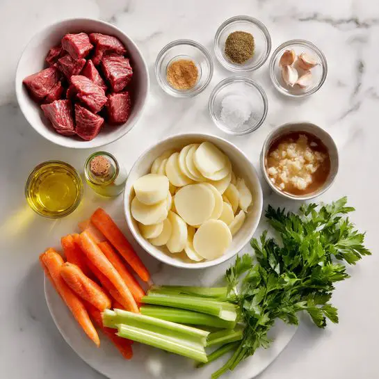 The image shows various raw cooking ingredients arranged neatly on a white marbled surface. There is a white bowl with chunks of raw red meat in the top left, beside small glass bowls containing light brown spices, garlic cloves, and salt. Below these bowls, there is a white bowl filled with round, pale slices that look like onions. In the center, a white bowl holds pale, grain-like ingredients. To the left, there is a small bottle of light yellow oil. Fresh vegetables including bright orange carrots, green celery stalks, and green parsley rest at the bottom right. A brown liquid in a small cup or bowl is partially visible at the bottom left. photo taken with an iphone --ar 4:5 --v 7