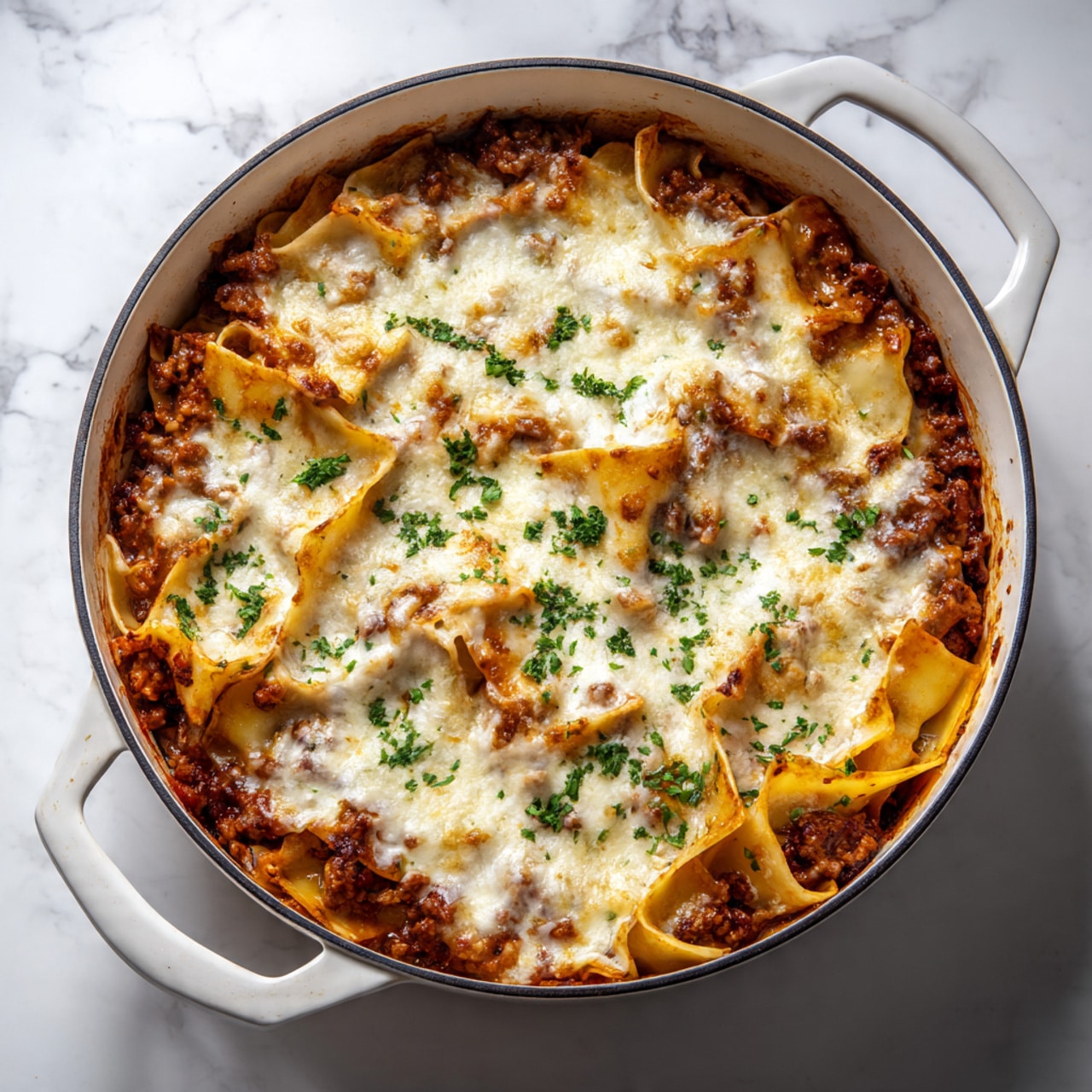 A deep white pot filled with a rich lasagna dish showing multiple layers of creamy melted cheese, browned ground meat sauce, and wide flat pasta sheets. The top layer has golden, bubbling cheese with spots of browned edges and a sprinkle of fresh green herbs. The sauce looks thick and reddish with visible minced meat pieces mixed in. The pot sits on a white marbled surface. photo taken with an iphone --ar 4:5 --v 7