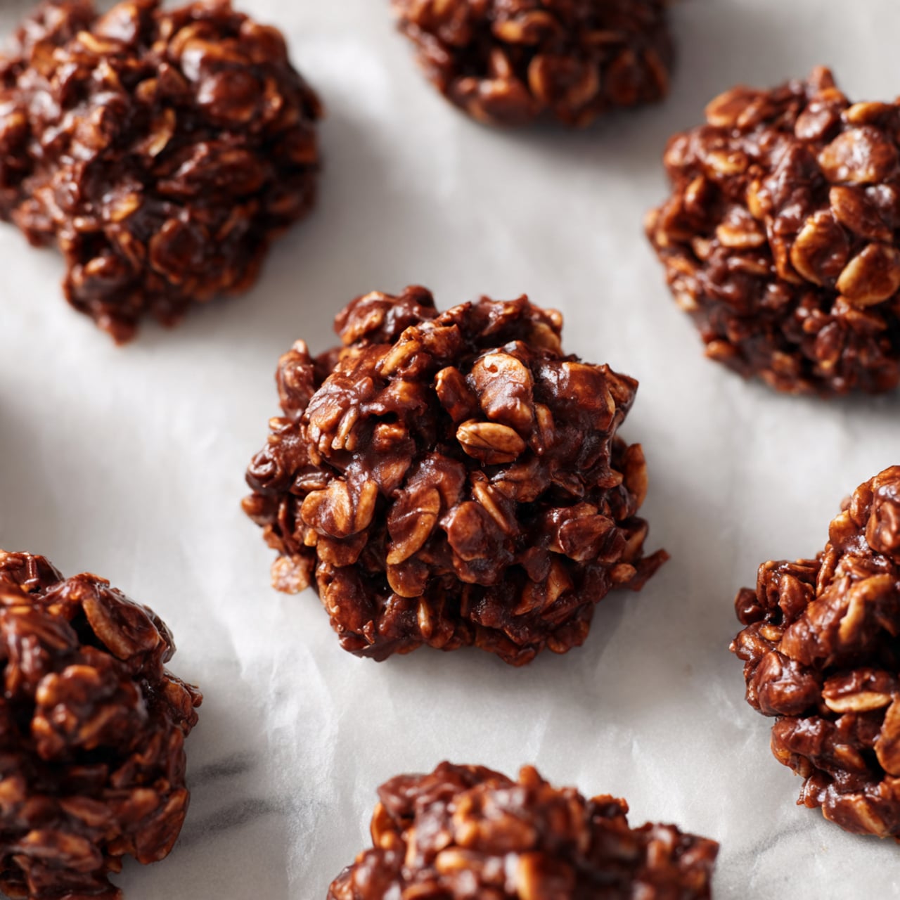 The image shows a close-up of several small, round chocolate oat clusters arranged on white parchment paper. Each cluster is textured and uneven, made from visible pieces of oats mixed and held together with a rich, dark brown chocolate base. The clusters have a rough, chunky surface with shiny spots where the chocolate glistens, and they are scattered across a white marbled surface, creating a simple, natural presentation. Photo taken with an iphone --ar 4:5 --v 7