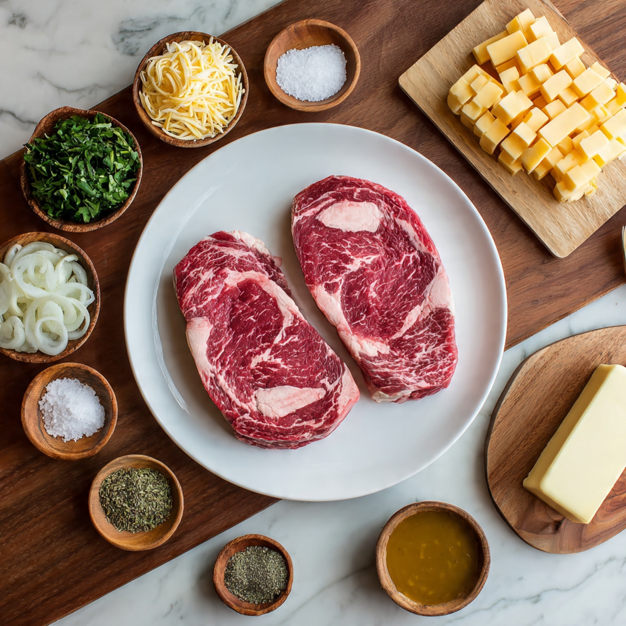 The image shows a white plate in the middle with two raw ribeye steaks, richly marbled with red and white fat, placed side by side on a wooden table. Around the plate, there are several small bowls containing different ingredients: finely shredded cheese, small cubes of cheese, thinly sliced onions, fresh fresh herbs on a small wooden board, and a small bowl of cream. There are also four small wooden spoons with salt, pepper, a powdery spice, and another green spice. Below the plate, there are three small bowls with brown sauce, mustard, and a stick of butter. In the top right corner, a woman's hand is holding a piece of cubed cheese. The entire scene is set against a white marbled texture. photo taken with an iphone --ar 4:5 --v 7