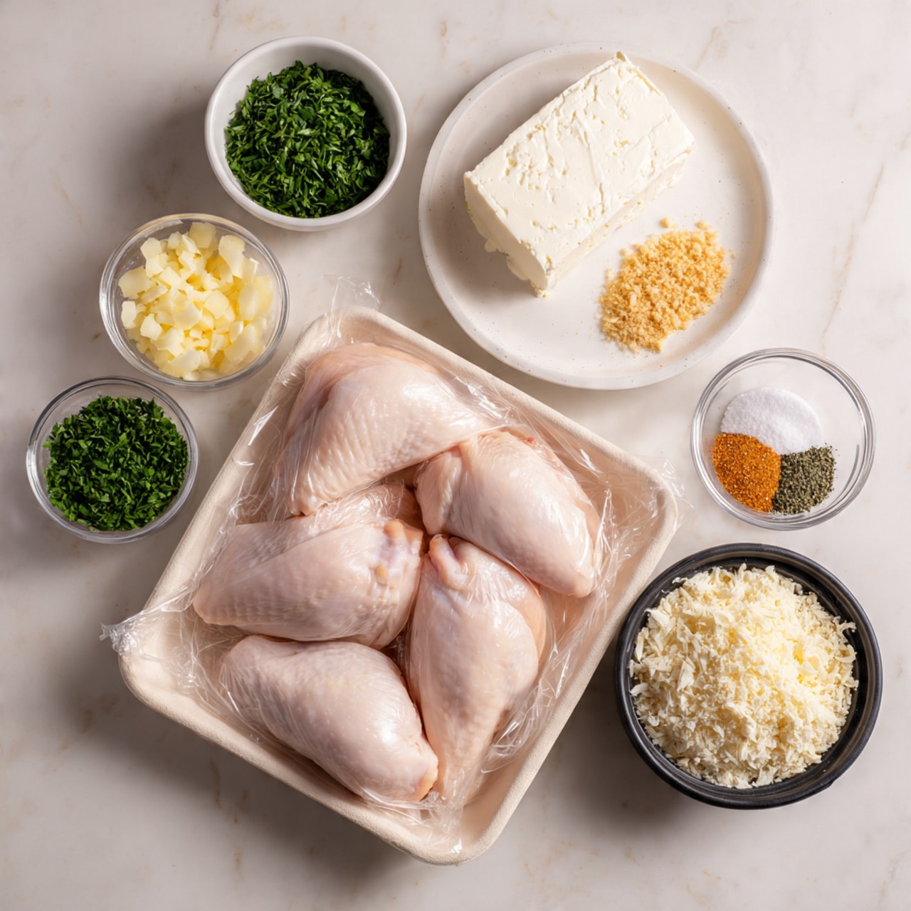 A light blue background with 12 small white ceramic bowls and dishes arranged neatly in rows, holding various ingredients: At top left is a lemon half, below it a small bowl of olive oil. Next row shows a bowl of pale yellow shredded cheese, a small bowl with minced garlic, and a bowl with small pink cubes of ham. Below are a whole brown egg and next to it a bowl of green shredded zucchini. A large white bowl on the right holds four raw pale pink chicken breasts. In bottom left corner is a small bowl with white flour, a small white plate holds a white block of ricotta cheese. Near the center bottom are cubes of light yellow butter in a small bowl, a tiny bowl of chopped green herbs, and a bowl of sliced green onion rings. The surface has a white marbled texture. Photo taken with an iphone --ar 4:5 --v 7