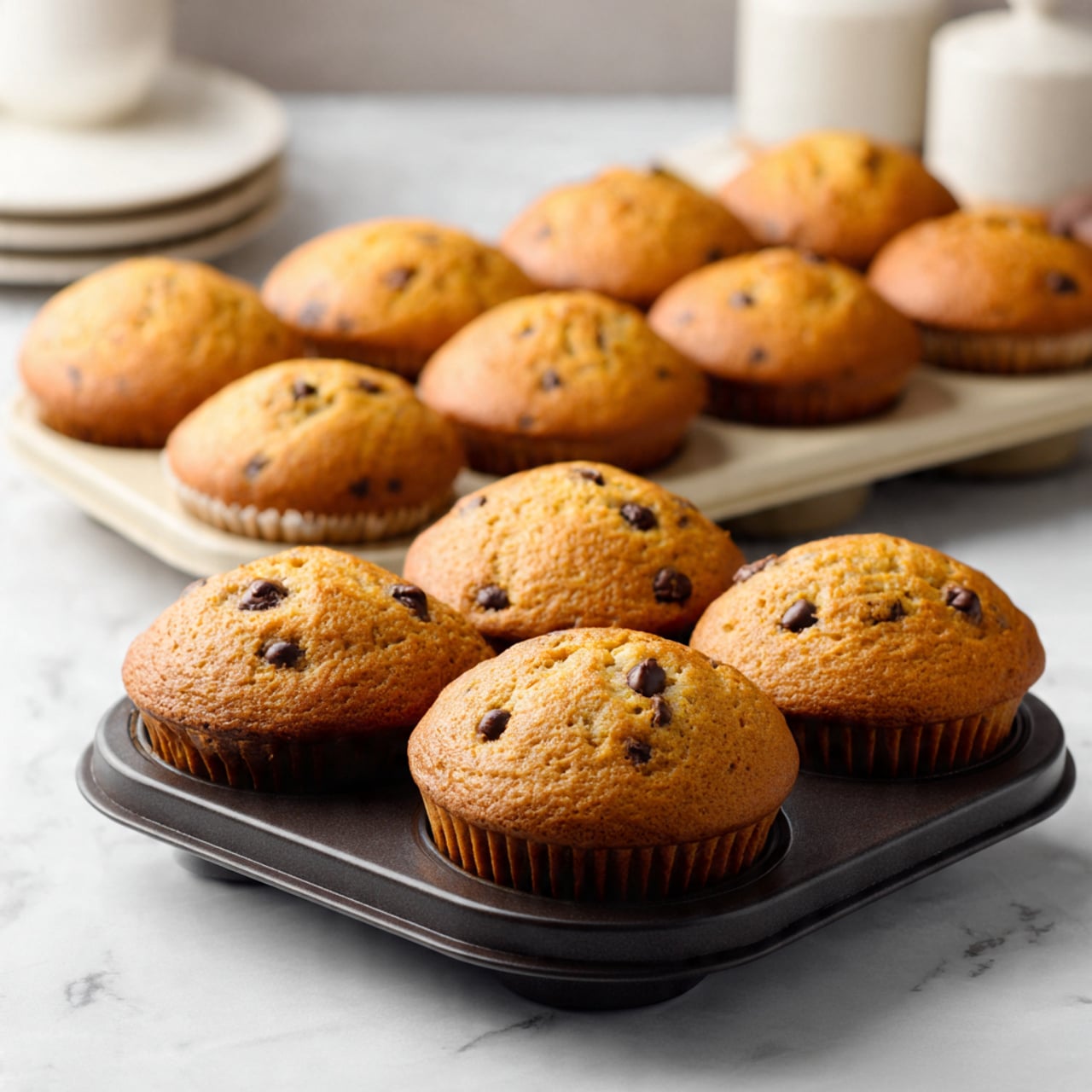 The image shows two trays of freshly baked muffins placed on a white marbled surface. The tray in the front is dark-colored and holds twelve round muffins that are golden brown with some small dark spots from chocolate chips. The muffins are evenly risen with slightly cracked tops, showing a soft texture. Behind it, there is another tray that is light-colored and also holds twelve muffins, similar in color and texture but slightly smaller. The background includes some blurred kitchen items, and all focus is on the two trays, displaying a warm and fresh baked look. Photo taken with an iphone --ar 4:5 --v 7