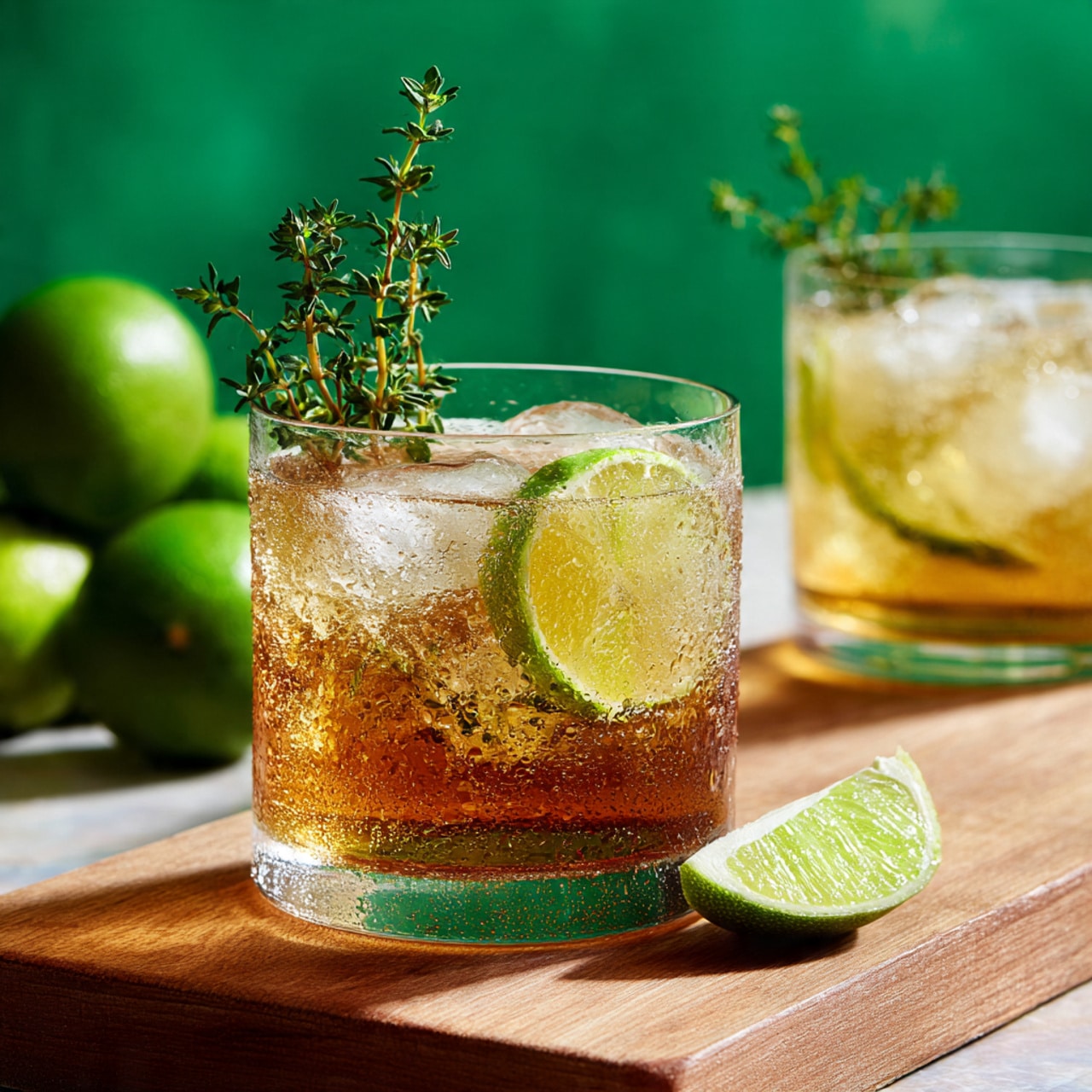 A round short glass filled with a light brown drink sits on a wooden table with condensation on the glass. Inside the glass, there are several ice cubes and bright green lime wedges. A tall sprig of fresh green thyme stands upright in the drink, adding height and texture. In the background, there is another similar glass and some whole bright green limes, along with a lime wedge in the foreground on the table. The background has a smooth green color and the surface has a white marbled texture. photo taken with an iphone --ar 4:5 --v 7