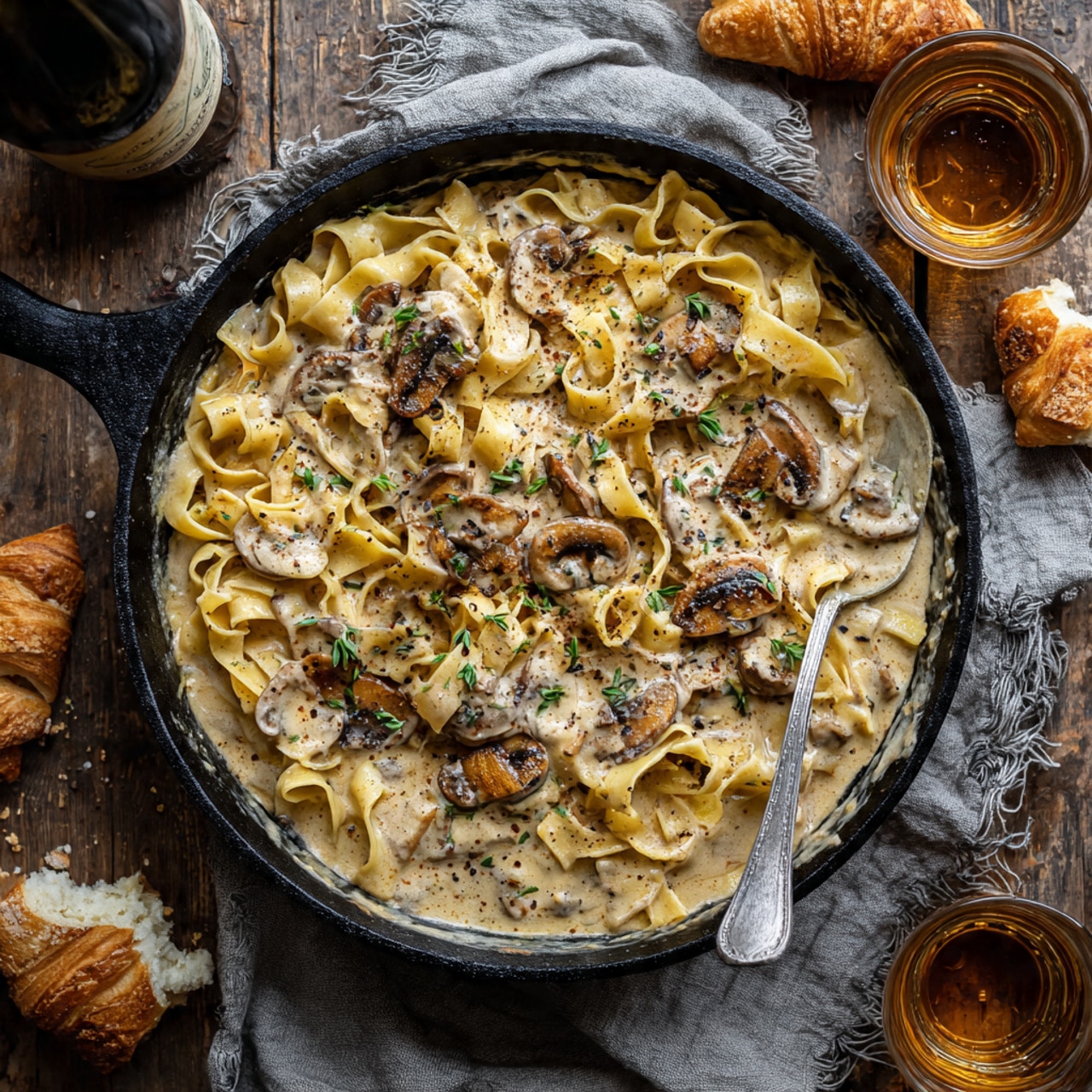 The image shows a black cast iron skillet filled with wide, flat pasta noodles as the base layer, creamy beige mushroom sauce with visible slices of browned mushrooms covering the pasta. The sauce has a smooth texture with flecks of black pepper and green herb sprigs scattered on top. A silver spoon with mushroom sauce rests on the right side of the skillet. Around the skillet, there is a textured gray cloth on a wood surface, small pieces of croissant, and a glass of amber liquid. The overall scene is warm and rustic, with a rich, creamy look to the mushroom pasta. Photo taken with an iphone --ar 4:5 --v 7