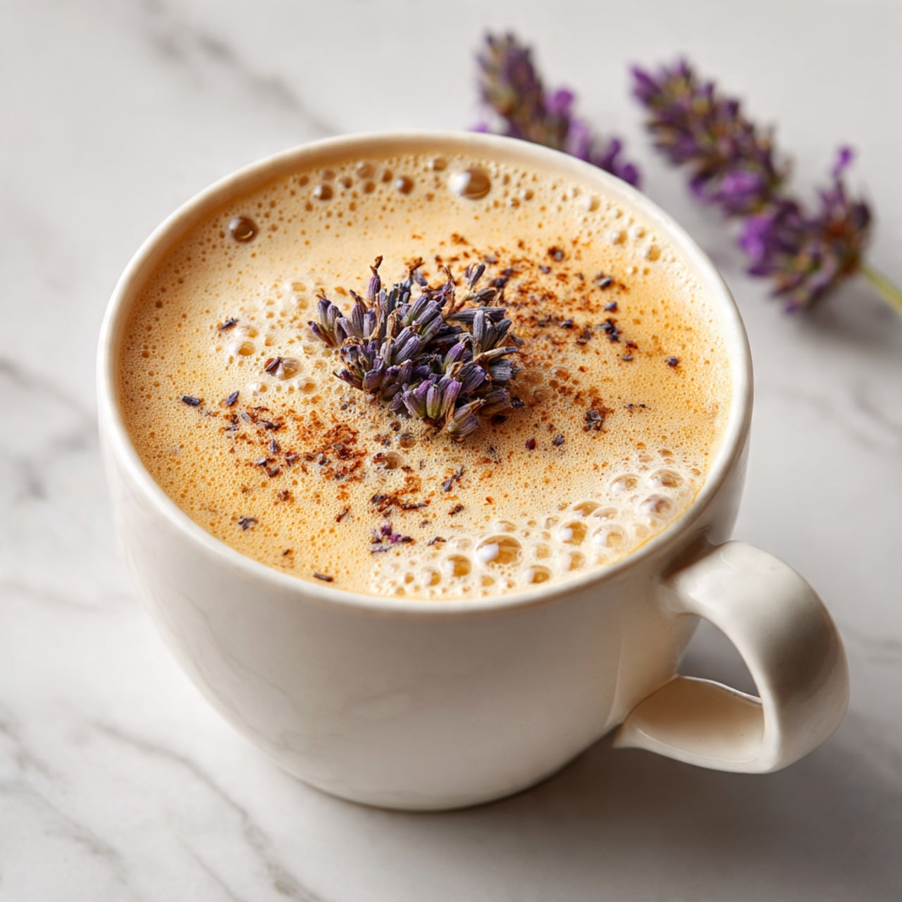 A white cup filled with creamy, light beige milk tea topped with many small foamy bubbles concentrated in the center. On top of the foam is a small sprig of purple lavender flowers placed horizontally. Light brown powdered spice is sprinkled over the foam, mostly around the lavender and edges. The cup has a handle on the right side and sits on a white marbled surface with hints of purple lavender flowers nearby. photo taken with an iphone --ar 4:5 --v 7