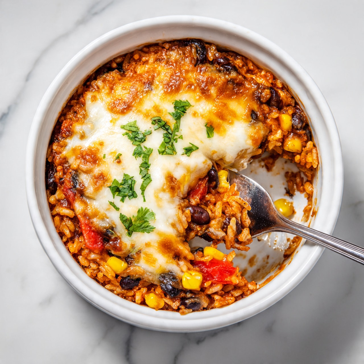 A close-up view of a white round pot filled with a baked rice dish showing three visible layers: the bottom layer has orange-red rice mixed with black beans, yellow corn, and red and green bell peppers with a slightly saucy texture; the middle layer has melted white cheese covering parts of the rice and vegetables, looking smooth and creamy; the top layer is sprinkled with small green cilantro leaves adding a fresh pop of color. A silver spoon is scooping a portion from the pot, revealing the mixed ingredients inside. The pot is placed on a white marbled surface. photo taken with an iphone --ar 4:5 --v 7