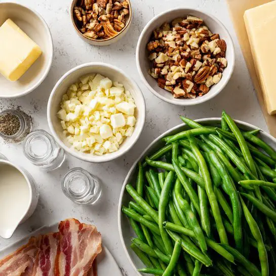 The image shows a white marbled surface with several ingredients neatly arranged for cooking. There is a large pile of fresh green beans on the right side, bright and crisp. Towards the top left, there are three white bowls: one containing a light yellow creamy mixture, one with diced nuts, and a smaller one with minced garlic. Strips of uncooked bacon lie near the bowls, and there is a small glass dish holding a stick of butter. In the front left, a small white measuring cup contains cream. Salt and pepper shakers sit near the top of the image. The layout is clean and organized, with all items placed clearly and evenly spaced. Photo taken with an iphone --ar 4:5 --v 7
