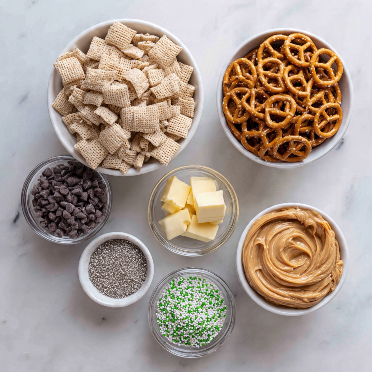 A top view of six small white bowls on a white marbled surface, each with different ingredients: the largest bowl holds light beige square cereal pieces with a rough texture, a medium white bowl contains small, smooth pretzels with a shiny, brown color, a medium clear glass bowl filled with small, smooth dark brown chocolate chips, a small white bowl with a small block of light yellow butter, a small white bowl filled with fine, white powdered sugar, a small clear glass bowl with green, silver, and white round and stick-shaped sprinkles, and a small white bowl holding a smooth, creamy swirl of light brown peanut butter. photo taken with an iphone --ar 4:5 --v 7