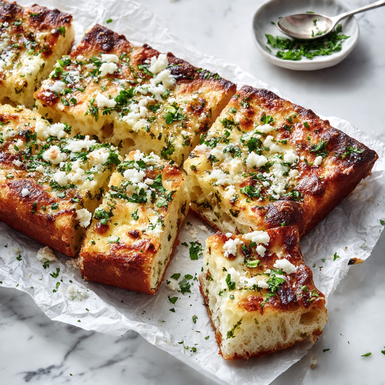 The image shows a close-up of bread with a thick, golden-brown crust topped with melted cheese, chopped green herbs, and finely grated white cheese scattered across the surface. The bread is cut into long rectangular slices, with some pieces slightly lifted to show the soft, airy interior that is pale cream in color. The bread rests on a crinkled white parchment paper placed on a white marbled surface, with a small white bowl of green herbs and a silver spoon nearby. The texture of the bread is slightly rough on top due to the melted cheese and herbs, contrasting with the soft inside. photo taken with an iphone --ar 4:5 --v 7