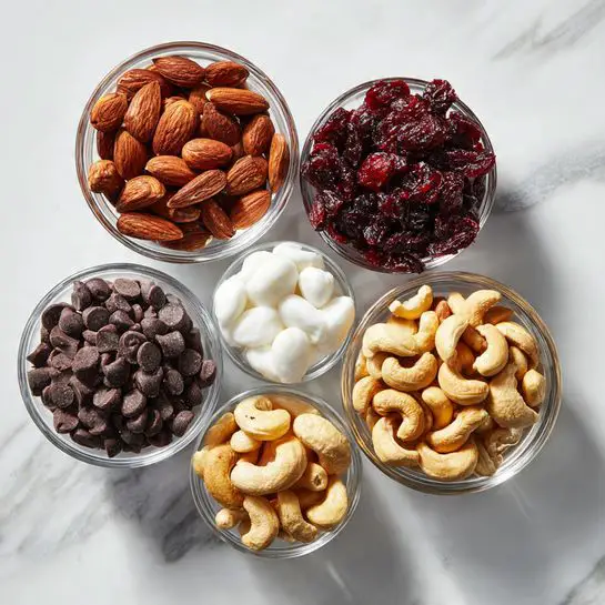 Five clear glass bowls are shown from above on a white marbled surface, each filled with different snack items. The top left bowl contains whole almonds with a brown, textured surface. To the right of it, a bowl is filled with dark red dried cranberries, shiny and slightly wrinkled. Below the cranberries, a bowl holds light tan cashews with a smooth curved shape. At the bottom left, a bowl is filled with dark brown chocolate chips, smooth and round. In the middle left, a small bowl contains white yogurt-covered almonds, smooth and glossy. The bowls are arranged in a loose cluster, showing contrasting colors and textures. Photo taken with an iphone --ar 4:5 --v 7