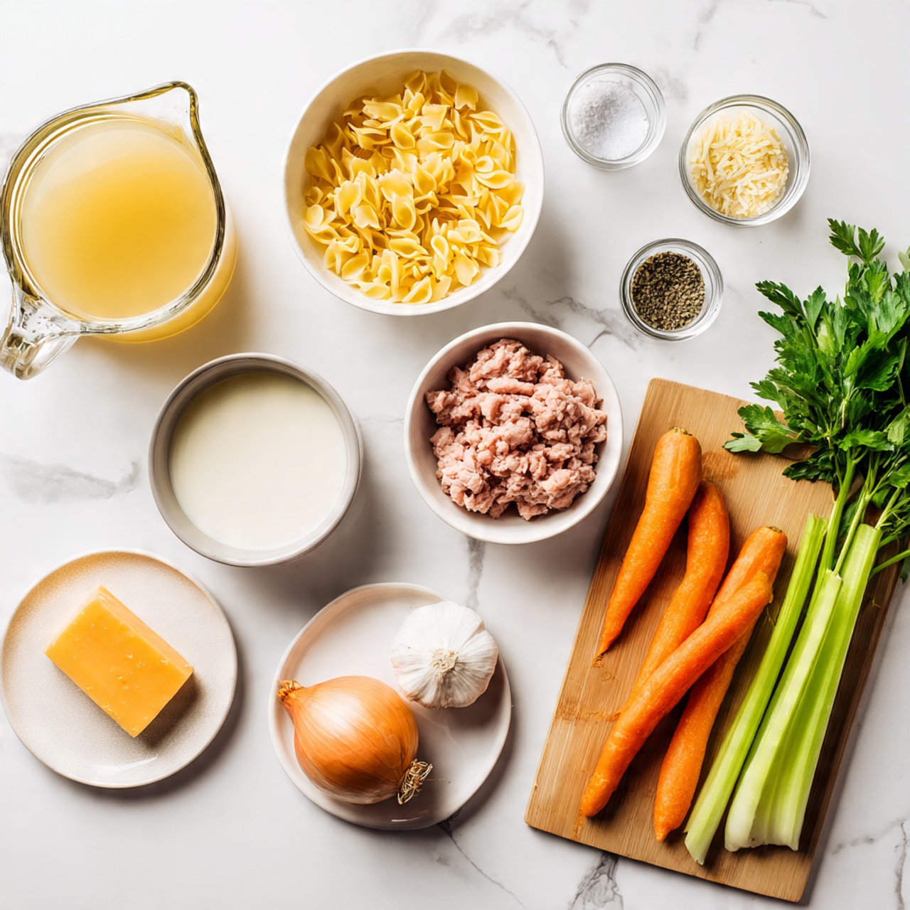 The image shows a top-down view of cooking ingredients arranged neatly on a white marbled surface. On the left, there is a clear jug filled with light yellow broth. Next to it, a white bowl holds yellow pasta pieces. A small white bowl contains a white liquid, likely cream, while a white bowl above it has ground meat with a pinkish color. Seasonings like salt and pepper are placed in small clear containers near the top right. A wooden board on the right side holds fresh vegetables including three orange carrots, two celery stalks, a bunch of green parsley, a whole garlic bulb, and a brown onion. There is also a small block of orange cheese on a white plate nearby. Everything is cleanly arranged with no clutter. photo taken with an iphone --ar 4:5 --v 7