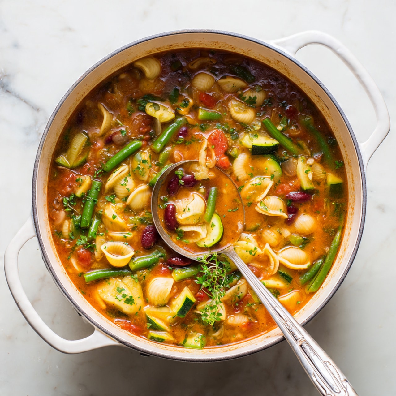 A large white pot filled with a colorful vegetable soup, showing small shell pasta floating in a thick broth. The soup has bright green beans, red tomato pieces, sliced zucchini, kidney beans, and small green herbs spread throughout. A spoon rests inside the pot, partially submerged in the soup, with bits of vegetables on it. The pot sits on a white marbled surface with a small sprig of green herb beside it. photo taken with an iphone --ar 4:5 --v 7