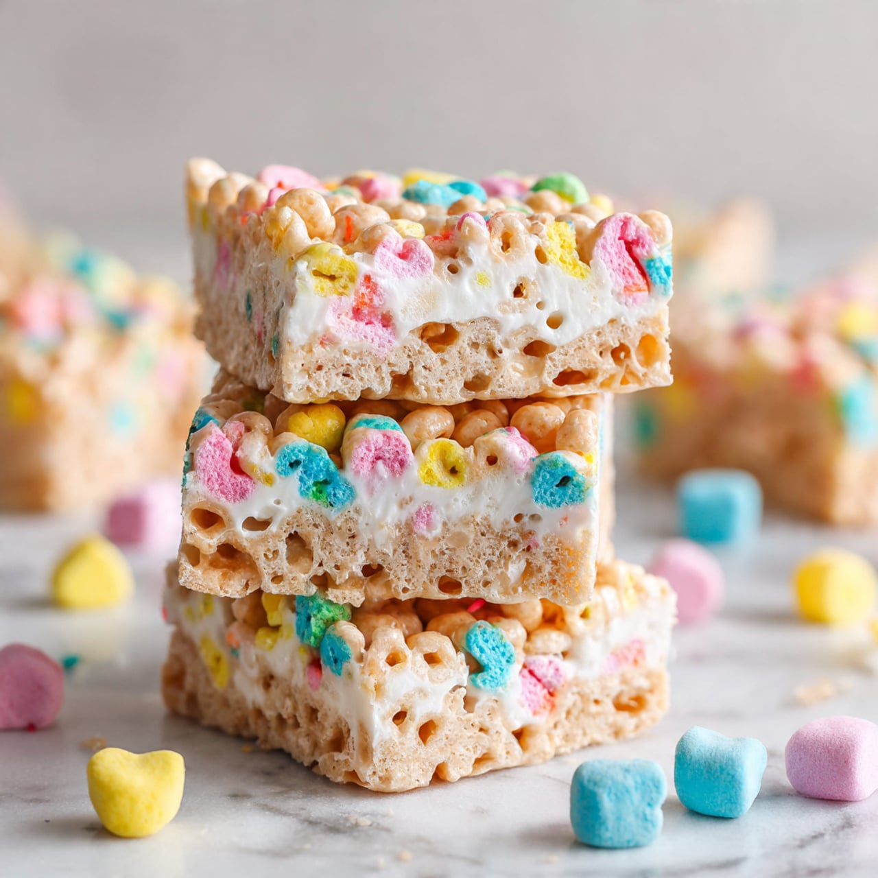 A close-up image showing a stack of three marshmallow cereal treats on a white marbled surface. Each treat has two main layers: the top layer is a mixture of light brown, puffed cereal with colorful bits of pink, blue, green, and yellow marshmallows scattered throughout. The bottom layer is a thick, smooth, creamy white coating that looks glossy and slightly melted, binding the cereal together. In the background, there are more treats and scattered colorful marshmallows on the surface. The overall look is soft, chewy, and inviting. Photo taken with an iphone --ar 4:5 --v 7