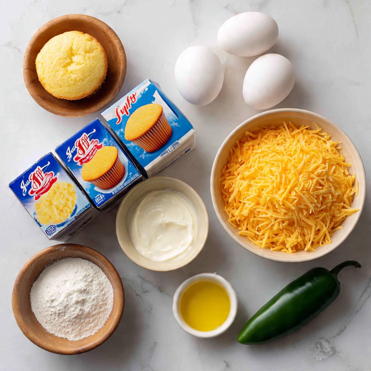 The image shows ingredients arranged on a white marbled surface: two boxes of Jiffy corn muffin mix with blue and red lettering and pictures of yellow corn muffins, a white bowl filled with shredded orange cheese piled high, two white eggs placed next to each other, a small beige bowl containing thick white sour cream with a smooth texture, a small wooden bowl filled with white granulated sugar, two fresh green jalapeño peppers, and a white small bowl holding melted yellow butter. photo taken with an iphone --ar 4:5 --v 7