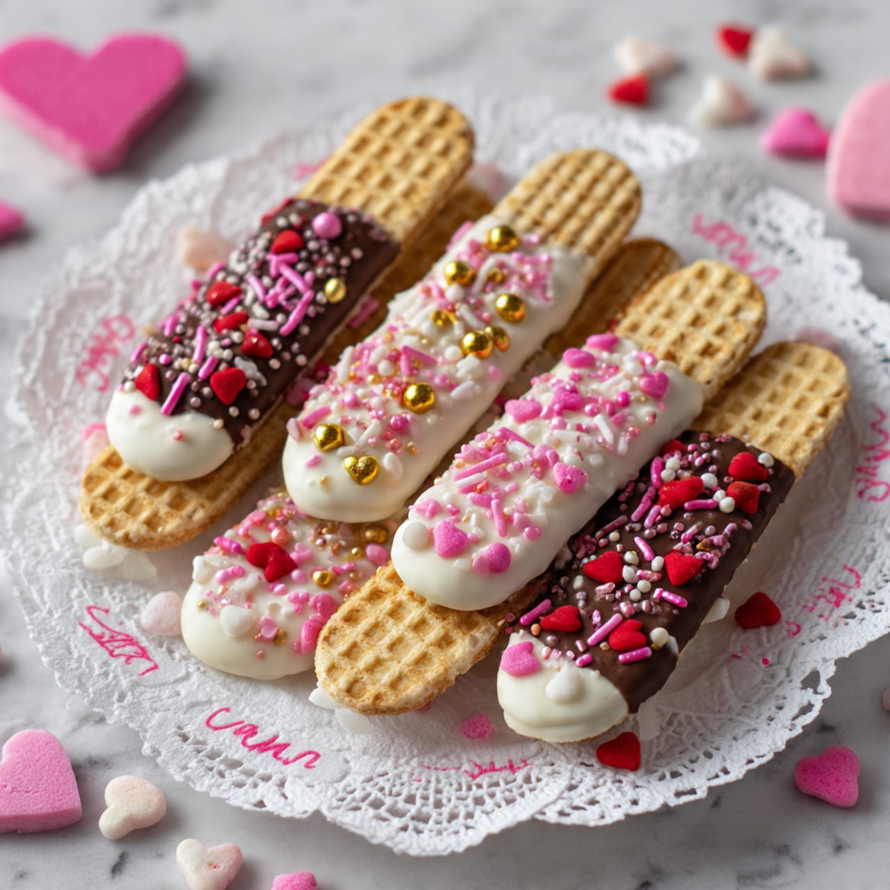 The image shows five wafer sticks arranged in a circle on a white lace doily, all on a white marbled surface. Each wafer stick has two layers: a light beige, grid-textured base and a dipped end covered in either white or dark chocolate. The white chocolate-covered wafers have colorful sprinkles including gold balls, pink sticks, red heart shapes, and small pink and white round sprinkles, while the dark chocolate ones are decorated with similar sprinkles, including pink, gold, and red hearts. The wafers are on a white plate with scattered small candy hearts in pastel colors and pink writing around the plate's edges. photo taken with an iphone --ar 4:5 --v 7