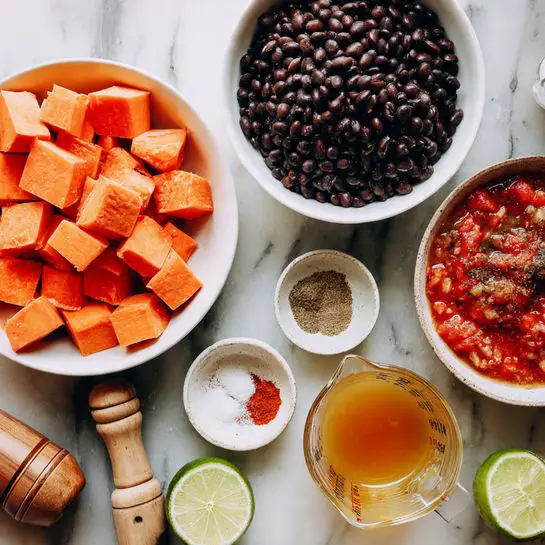 The image shows several ingredients laid out on a white marbled surface, ready for cooking. In the largest bowl on the left, there are bright orange chunks of sweet potato. To its bottom left, a white bowl is filled with dark black beans. Above and to the right, a white bowl contains a chunky red tomato salsa with bits of tomato and pepper visible. Surrounding the bowls, there are small dishes with white salt, greenish-brown ground spice, and reddish-orange powder. A glass measuring cup filled with golden broth is placed on the bottom right, next to a wooden lime juicer and half a squeezed lime with a textured green rind. The setup appears clean and organized. Photo taken with an iphone --ar 4:5 --v 7