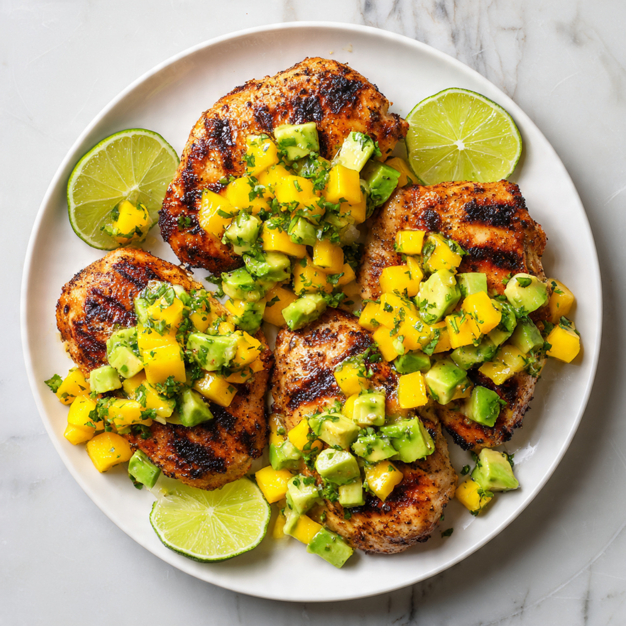 The image shows four grilled chicken pieces on a round white plate, each topped with a colorful salsa made of yellow mango cubes, green avocado chunks, and small green herbs. The chicken has a charred, brown texture with visible grill marks, giving a slightly rough surface. The mango and avocado pieces add a fresh, smooth texture with bright yellow and green colors, scattered evenly on top of each chicken piece. Small lime wedges are placed on the edge of the plate, which is set on a white marbled surface. The arrangement is neat, and the colors create a warm, fresh look. photo taken with an iphone --ar 4:5 --v 7