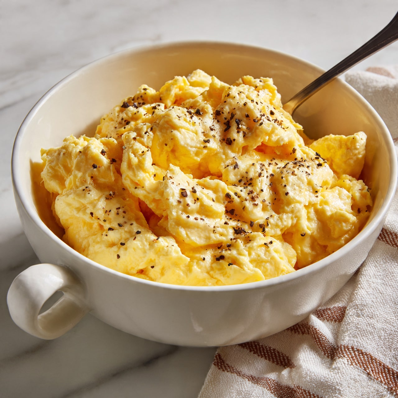 A close-up view of a white bowl filled with fluffy scrambled eggs, the eggs showing a soft and creamy texture with layers of bright yellow and light golden color. Small and medium-sized egg curds stack together, sprinkled with coarse black pepper on top. The bowl has a handle on the left side and sits on a white marbled surface next to a beige and white striped cloth. The lighting is soft and natural, highlighting the smooth eggs and the texture of the bowl photo taken with an iphone --ar 4:5 --v 7