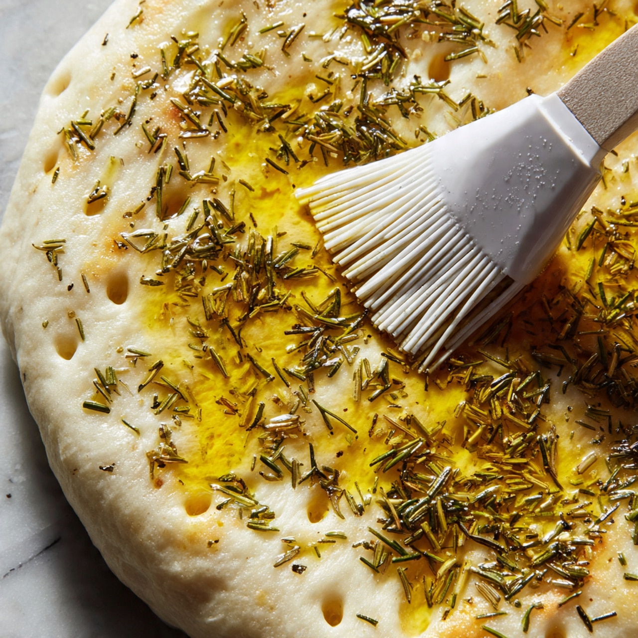 The image shows a close-up of a dough layer covered with a golden-yellow olive oil and herb mixture. The dough is pale with small holes and dimples all over, holding pools of the shiny olive oil. Small greenish dried herbs are scattered on top of the dough, giving it texture and color contrast. A white silicone brush is seen gently spreading the herb oil on the dough surface. The background and surface where the dough is placed have a white marbled texture. photo taken with an iphone --ar 4:5 --v 7