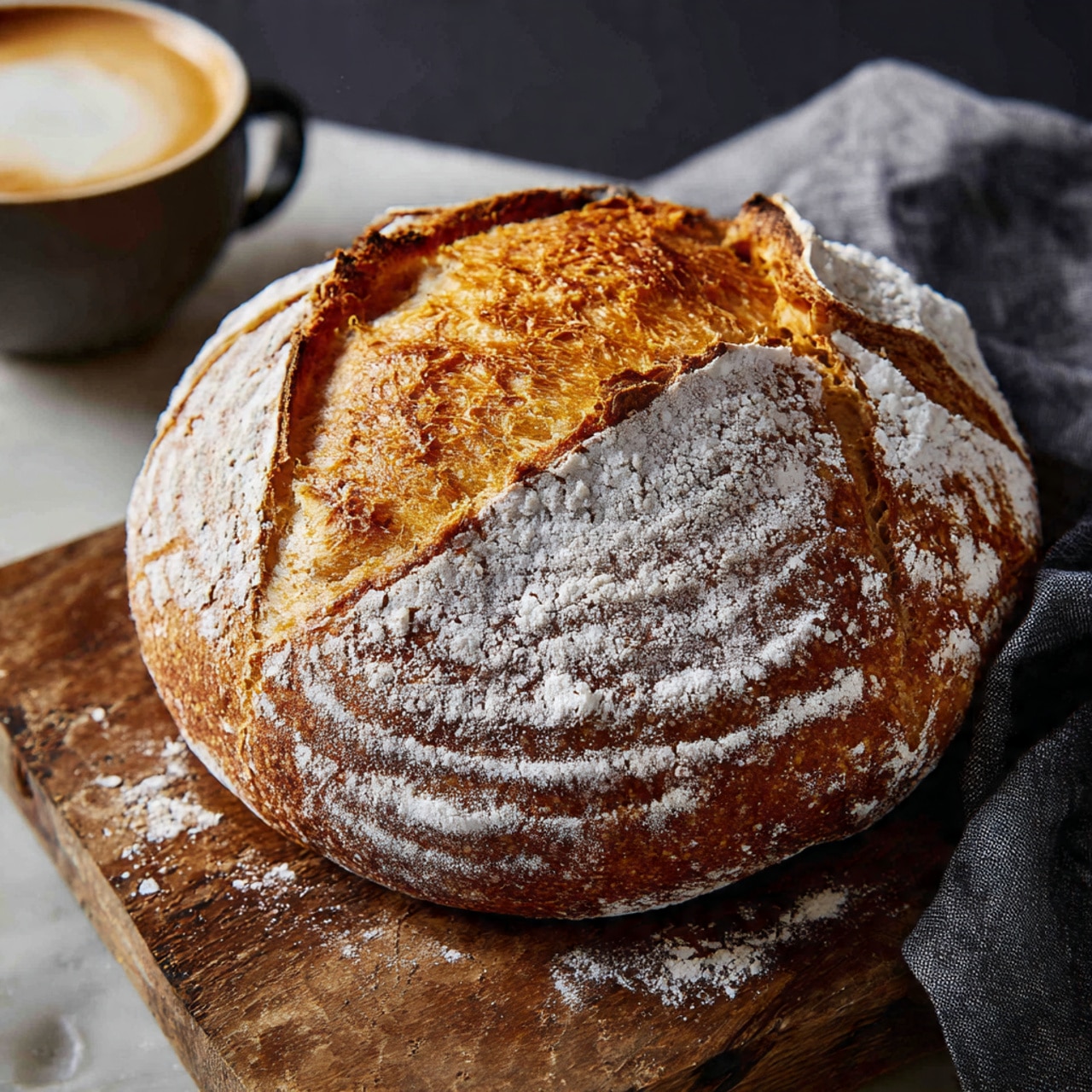 A round loaf of rustic bread sits on a wooden board with a golden-brown crust and a rough, cracked texture dusted heavily with white flour in patterns across the surface. The loaf has deep creases and a split along the top revealing a soft, light yellow inside. A dark gray cloth is casually placed to the side, and a blurred cup of coffee with cream foam is seen in the background on a dark setting, all resting on a white marbled surface. Photo taken with an iphone --ar 4:5 --v 7