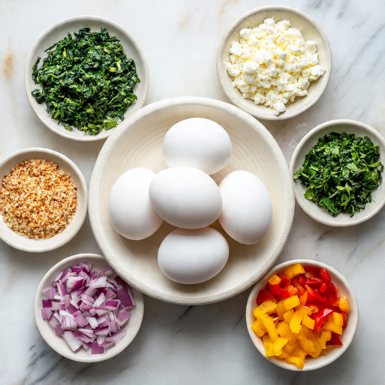 The image shows a flat white bowl with four whole white eggs placed in the center. Around this bowl, there are six smaller white bowls arranged in a loose circle on a white marbled surface. These smaller bowls contain different ingredients: one filled with chopped fresh green herbs, one with white crumbly cheese, one with fresh spinach leaves, one with a grainy brown seasoning mix, one with chopped red onions, and one with chopped red, yellow, and orange bell peppers. The colors range from white and green to red and yellow, creating a fresh and colorful display. The photo was taken with an iphone --ar 4:5 --v 7