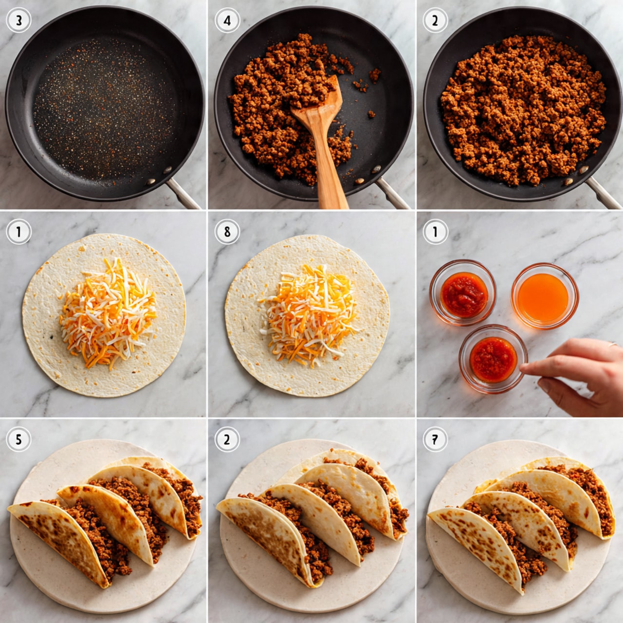 The image shows a step-by-step process for making beef quesadillas. The first layer is raw red ground beef sprinkled with black pepper and other spices in a dark pan. The second layer is cooked brown ground beef with crumbly texture in the same pan with a wooden spatula. The third and fourth layers show a woman's hand holding small glass bowls with red sauce and orange liquid above the cooked beef. The fifth and sixth layers display two white tortillas on a white marbled surface, each with a half layer of mixed shredded orange and white cheese, and then topped with cooked beef on one side. The seventh layer adds more shredded cheese on top of the beef. The eighth layer shows the tortillas folded in half, covering the fillings. The final ninth layer shows two folded quesadillas with golden-brown crispy grill marks in the dark pan. Photo taken with an iphone --ar 4:5 --v 7