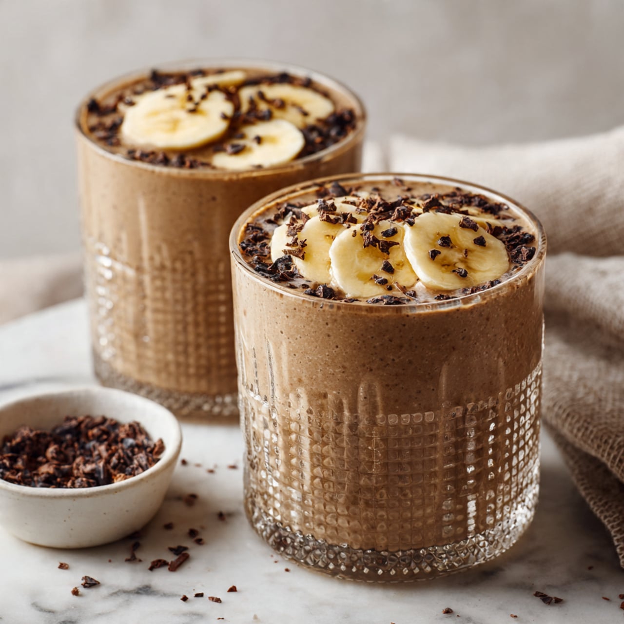 The image shows two clear glasses filled with a creamy brown smoothie. On top of each smoothie, there is a layer of sliced bananas arranged in a circular shape, sprinkled with small dark cocoa bits and some tiny brown powder pieces. The glasses have a textured pattern and are placed on a white marbled surface. Nearby, there is a small white bowl filled with dark cocoa bits. A woman's hand is holding one glass gently on its side. The background is softly blurred with a neutral fabric. photo taken with an iphone --ar 4:5 --v 7