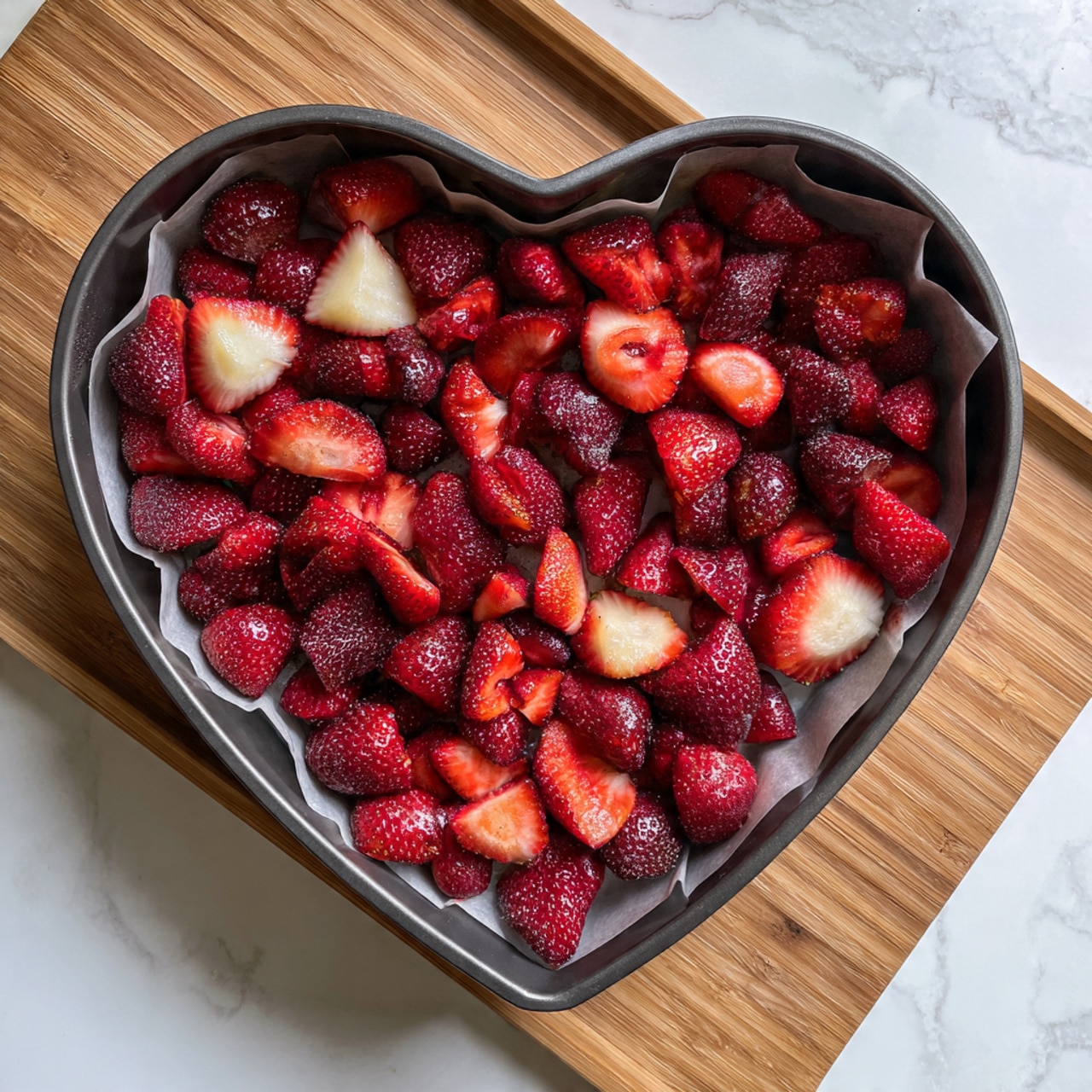 A heart-shaped dark gray baking pan lined with parchment paper holds one layer of halved fresh strawberries. The strawberries are arranged closely, covering the bottom in a mix of deep red and bright red with some white parts visible near the top edges. The pan sits on a white marbled counter with a light wooden board partially visible at the bottom. Photo taken with an iphone --ar 4:5 --v 7