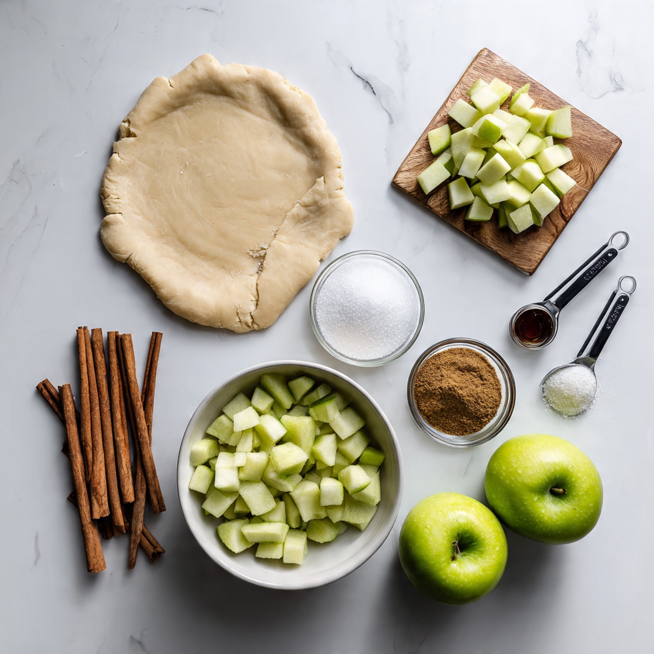 This image shows ingredients for making an apple pie arranged neatly on a white marbled surface. At the left is a smooth, pale dough rolled out in an irregular circle as the base. A white bowl at the bottom center holds chopped apple pieces, light green with white inside. To the right of the bowl are two whole green apples, bright and smooth. Above the bowl is a small glass bowl of white granulated sugar, and next to it are black measuring spoons filled with brown sugar, cinnamon, and a dark liquid, possibly vanilla or molasses. Three cinnamon sticks lie in two clusters, adding a warm brown color contrast near the dough and bowl. A small wooden board at the top right corner holds additional diced apples. The overall scene is bright and clean, with a fresh, simple feel. photo taken with an iphone --ar 4:5 --v 7