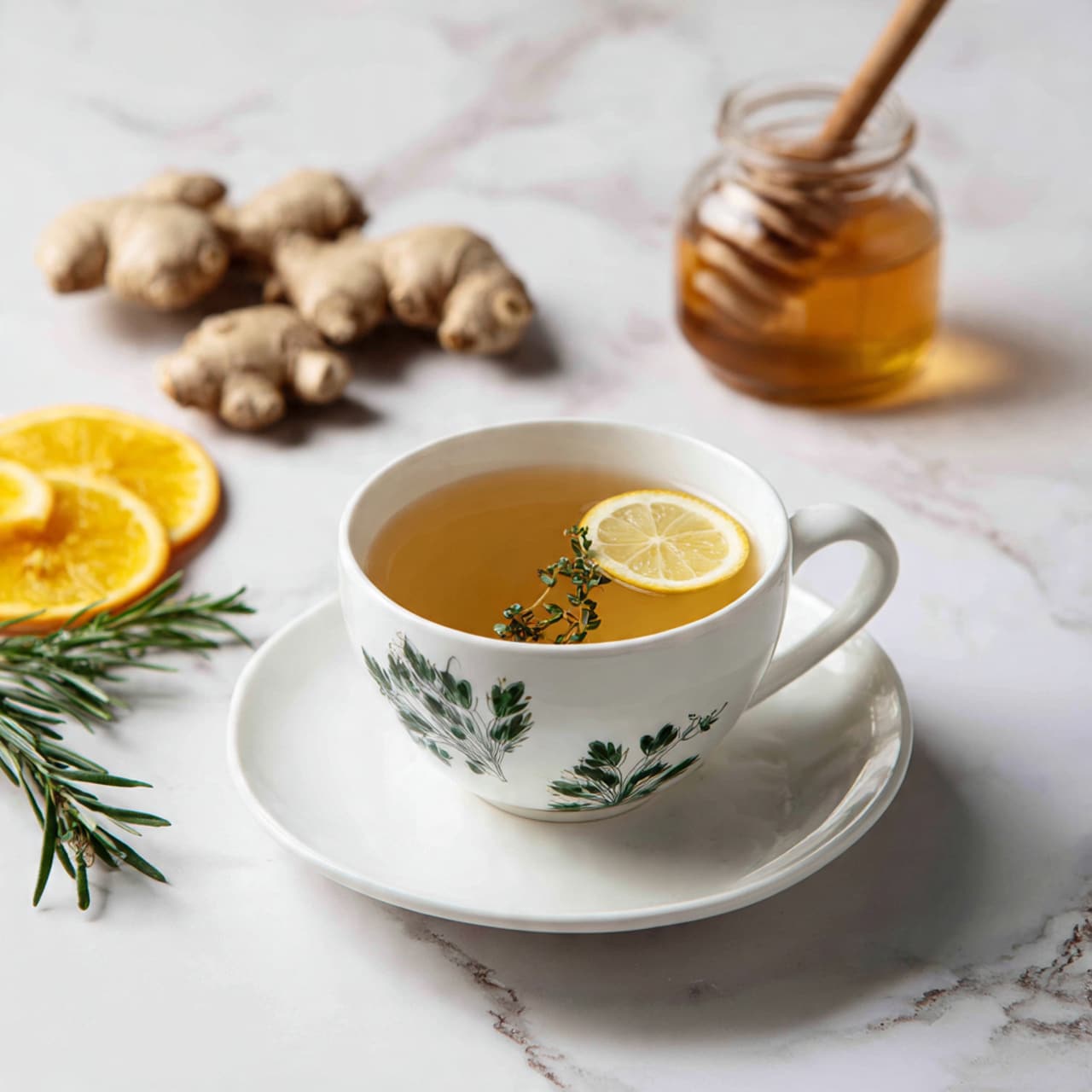 A white cup filled with clear lemon ginger tea, featuring a single round lemon slice floating on the surface along with a small sprig of thyme. The cup sits on a matching white saucer with a delicate green leaf design. To the left of the cup, there are fresh ginger roots, green rosemary sprigs, and a few slices of orange placed on a white marbled surface. A honey jar with a wooden honey dipper is partially visible in the background. The photo is taken with an iphone --ar 4:5 --v 7