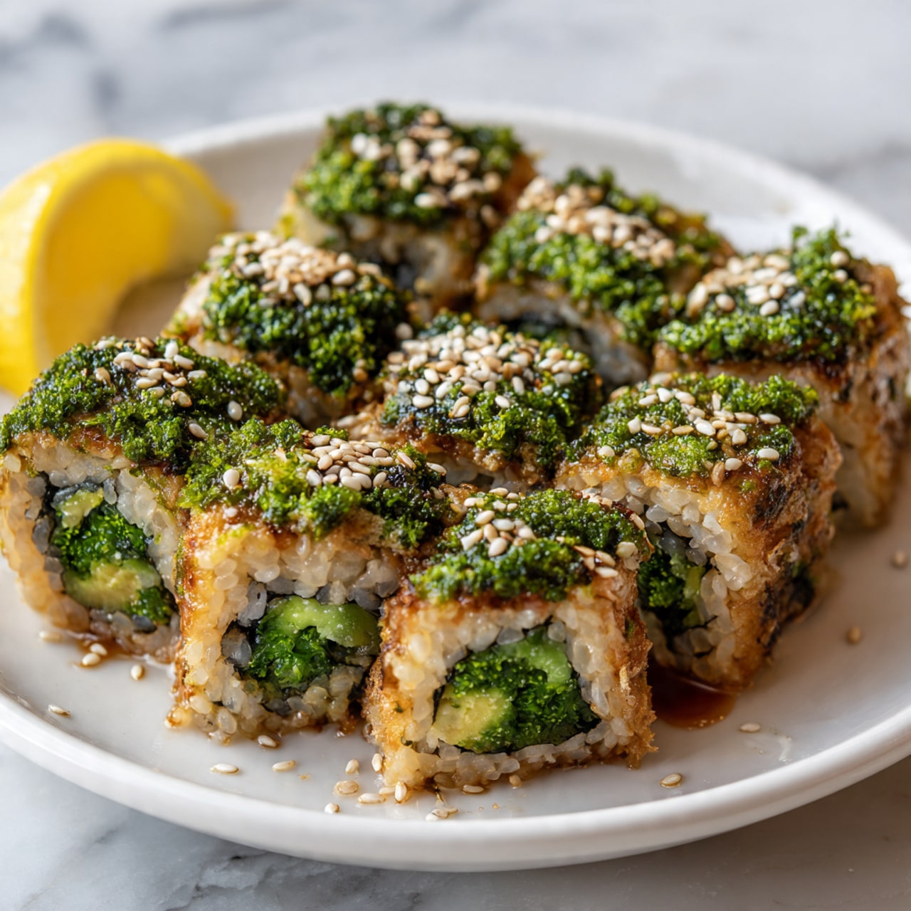 The image shows a white plate with eight pieces of sushi rolls arranged closely together. Each roll has a light brown outer layer with a slightly crispy texture, and inside contains bright green seaweed or vegetables, topped with white sesame seeds scattered across the surface. The plate is placed on a white marbled surface. In the corner of the image, there is a partial view of a lemon wedge with a vibrant yellow color. photo taken with an iphone --ar 4:5 --v 7