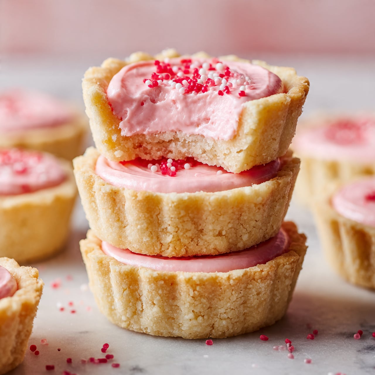 The image shows a stack of three small tartlets with light golden crusts and bright pink cream filling in the center of each tartlet. The crust is thick and crumbly with a smooth texture on the edges, while the filling is creamy and glossy with small red sprinkles on top. Around the stack, there are more tartlets arranged loosely on a white marbled surface, some whole and some with bites taken out, showing the soft pink filling inside. The background is softly blurred with hints of pink and white colors. The image is bright and clear, focusing on the texture and layers of the tartlets. Photo taken with an iphone --ar 4:5 --v 7